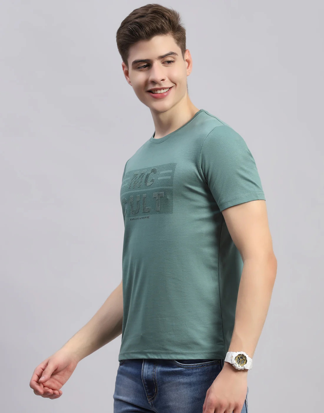 Men Green Printed Round Neck Half Sleeve T-Shirt - Image 3