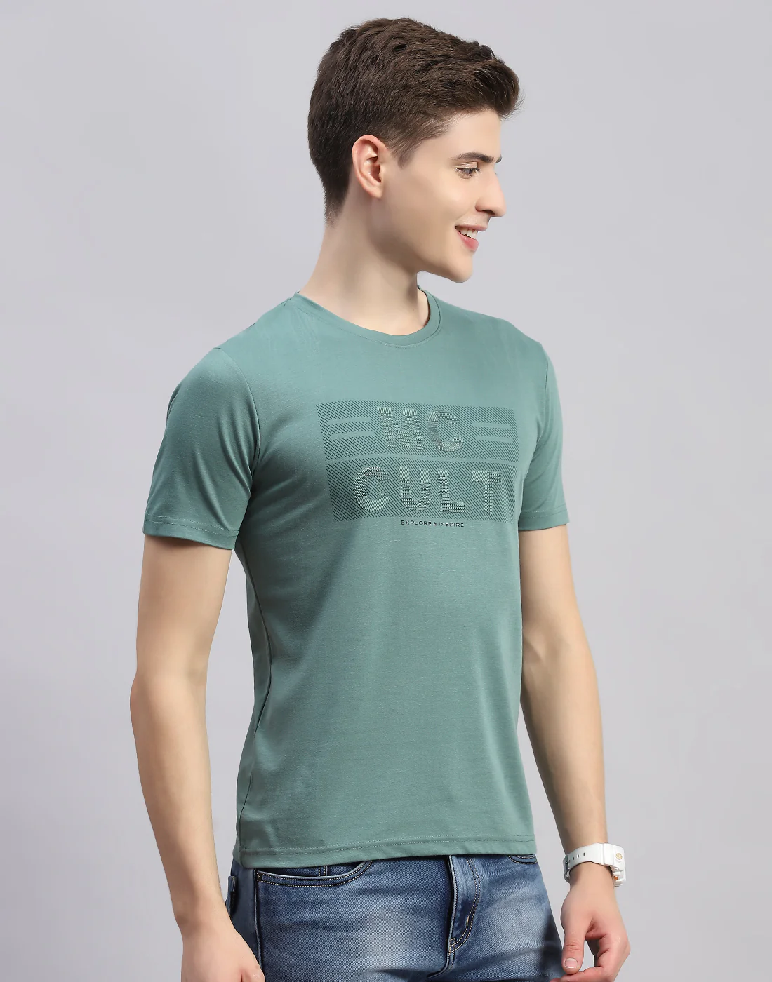 Men Green Printed Round Neck Half Sleeve T-Shirt - Image 4