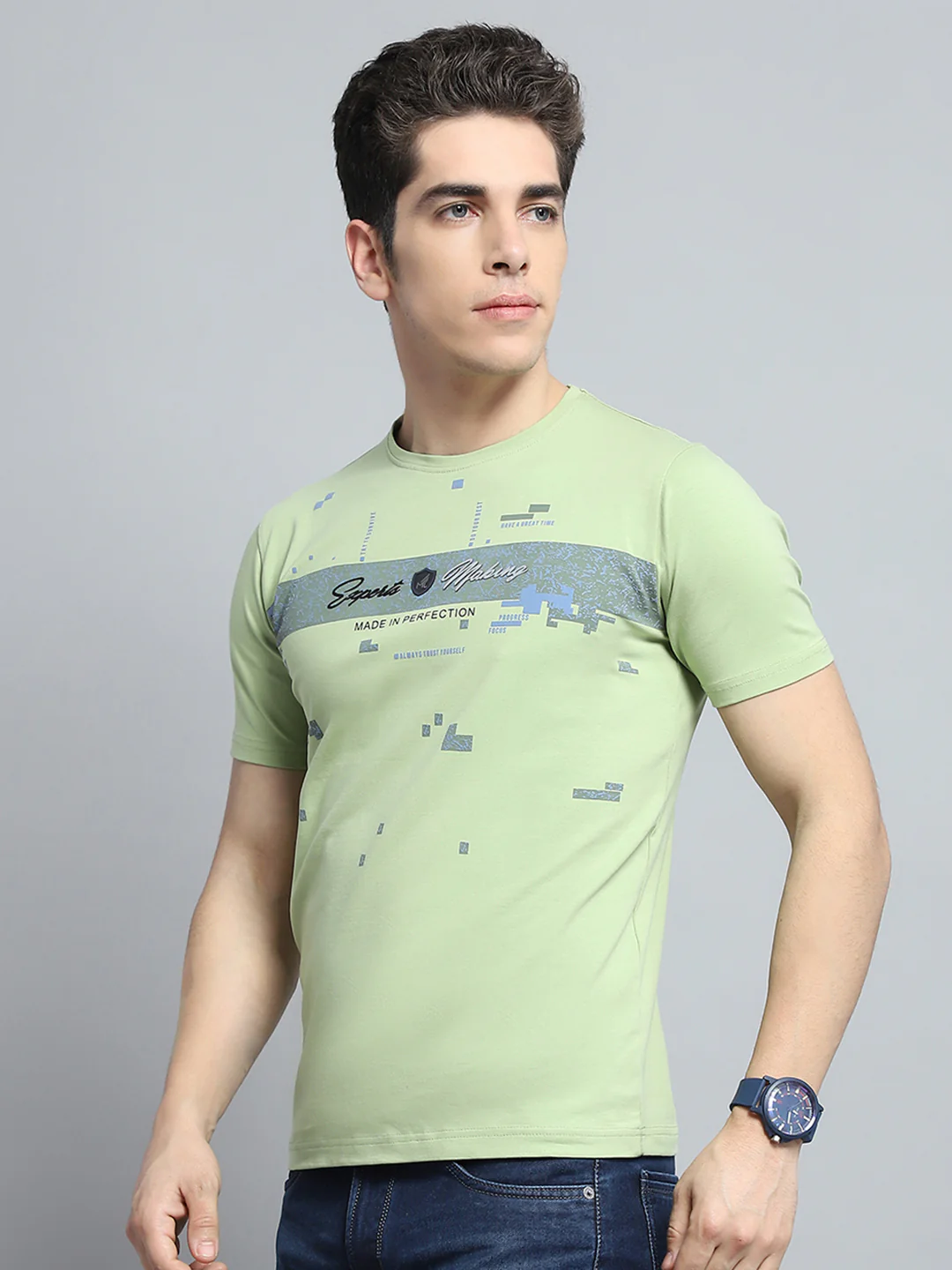 Men Green Printed Round Neck Half Sleeve T-Shirt - Image 3