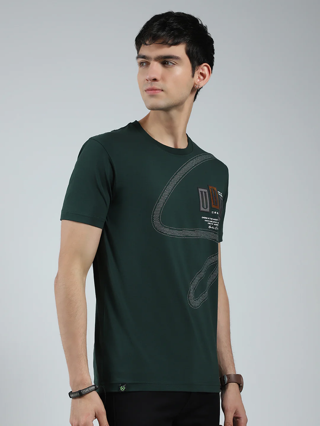 Men Green Printed Round Neck Half Sleeve T-Shirt - Image 4
