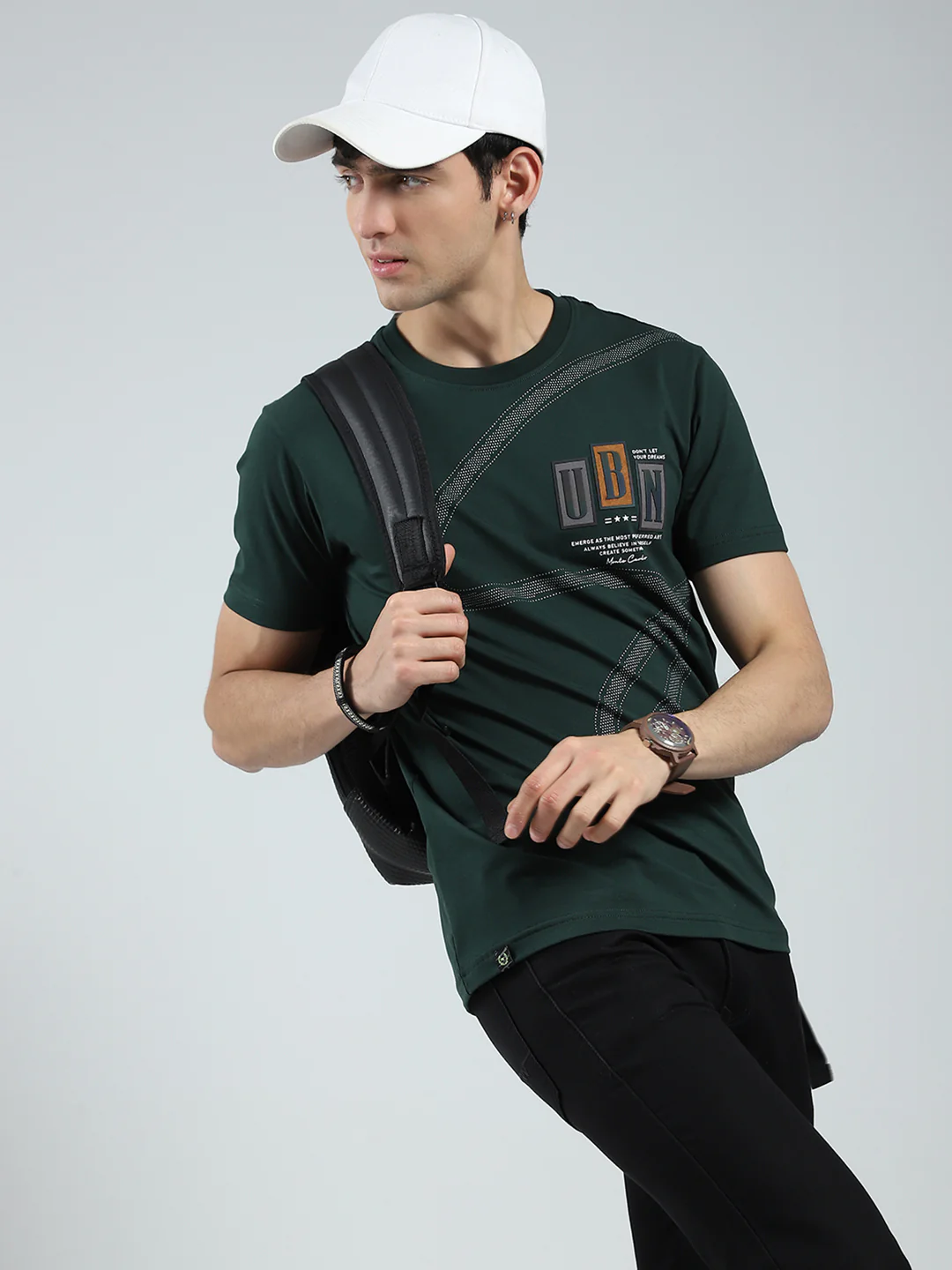 Men Green Printed Round Neck Half Sleeve T-Shirt - Image 6