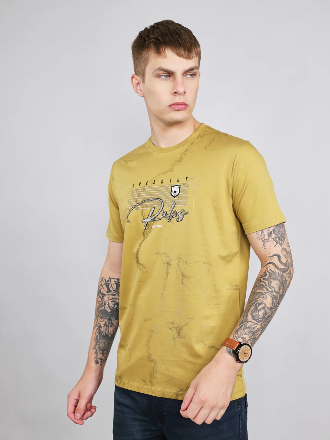 Men Green Printed Round Neck Half Sleeve T-Shirt - Image 2