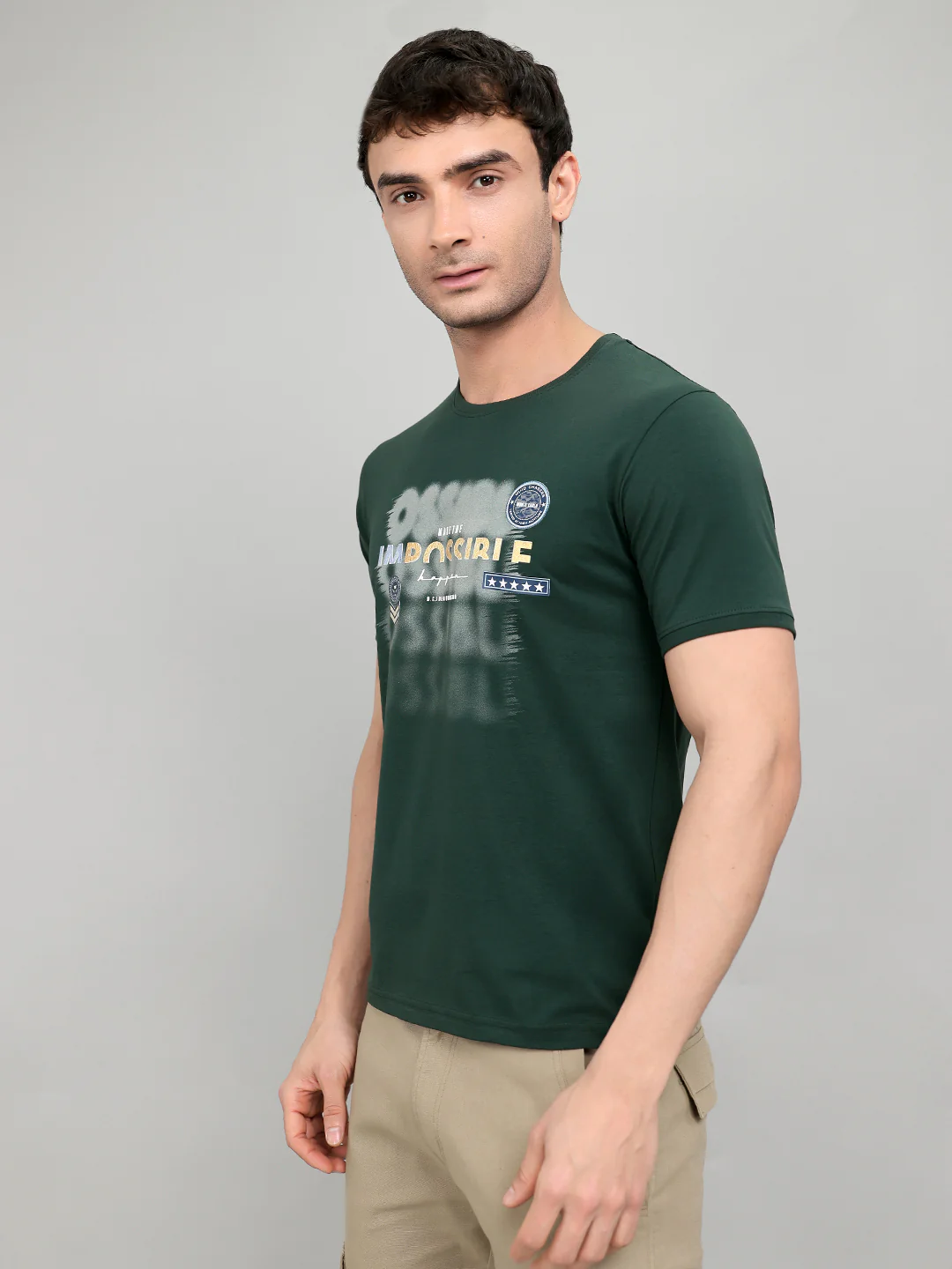 Men Green Printed Round Neck Half Sleeve T-Shirt - Image 2