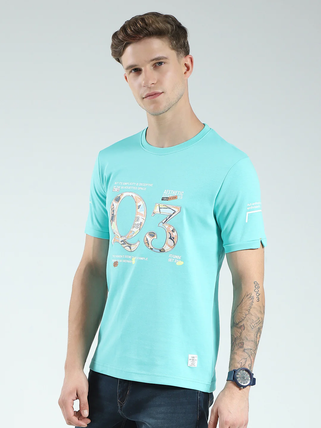 Men Green Printed Round Neck Half Sleeve T-Shirt - Image 3