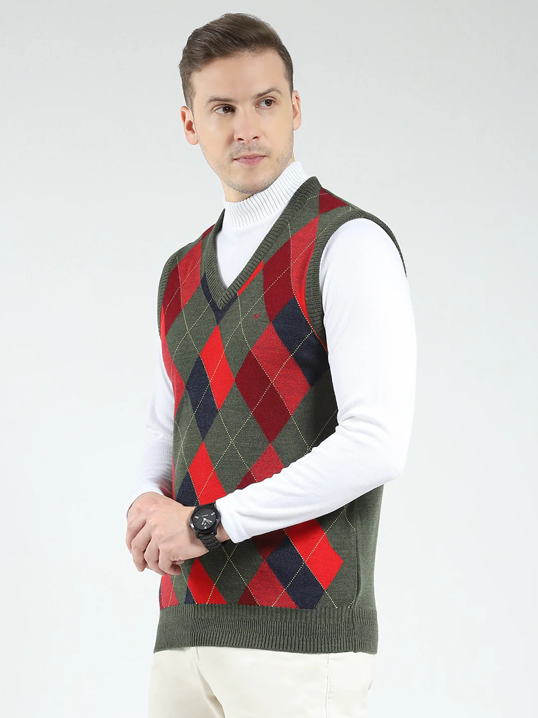 Men Green Printed V Neck Sleeveless Sweater - Image 3