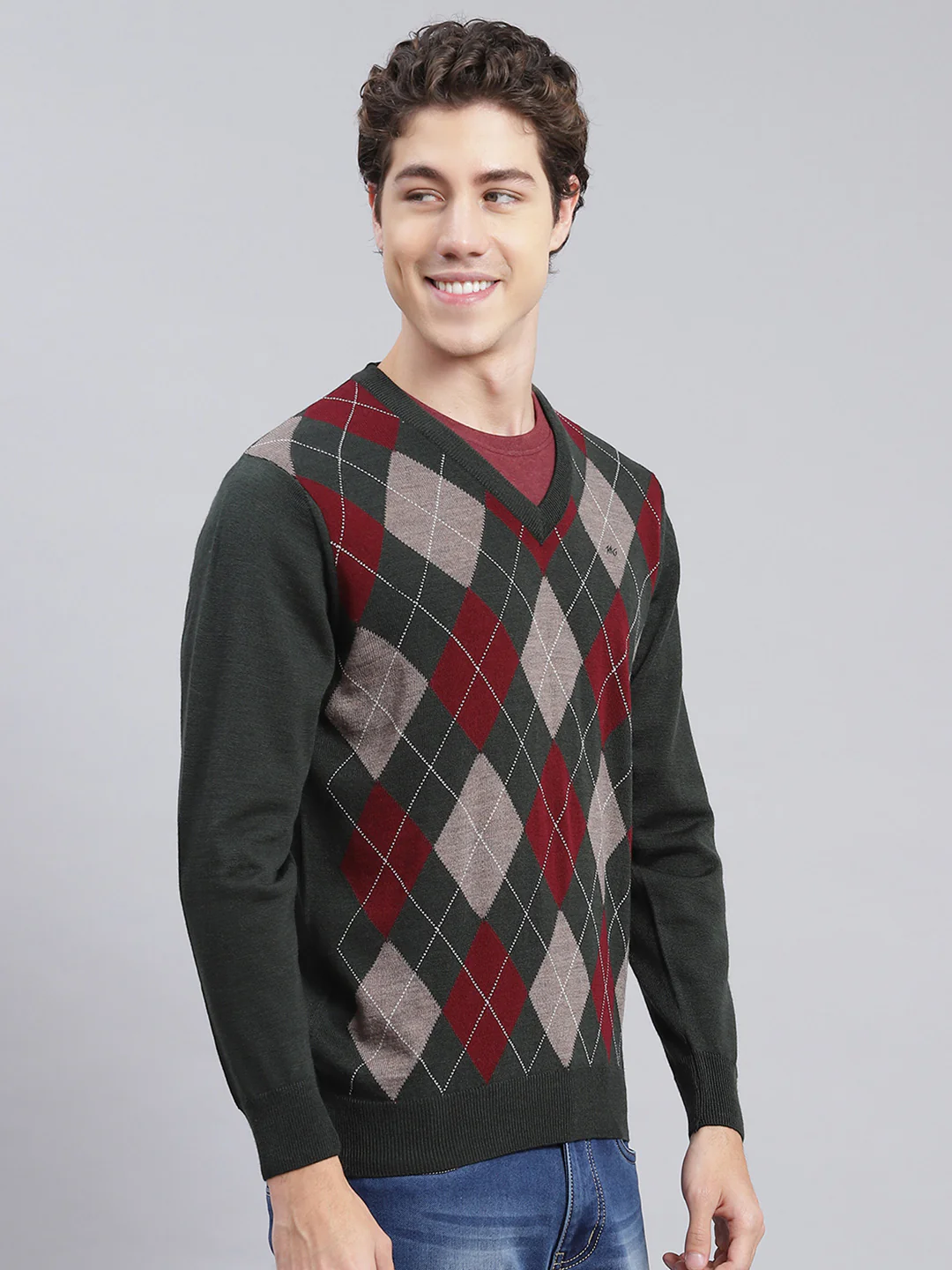 Men Green Printed Wool blend Pullover - Image 2
