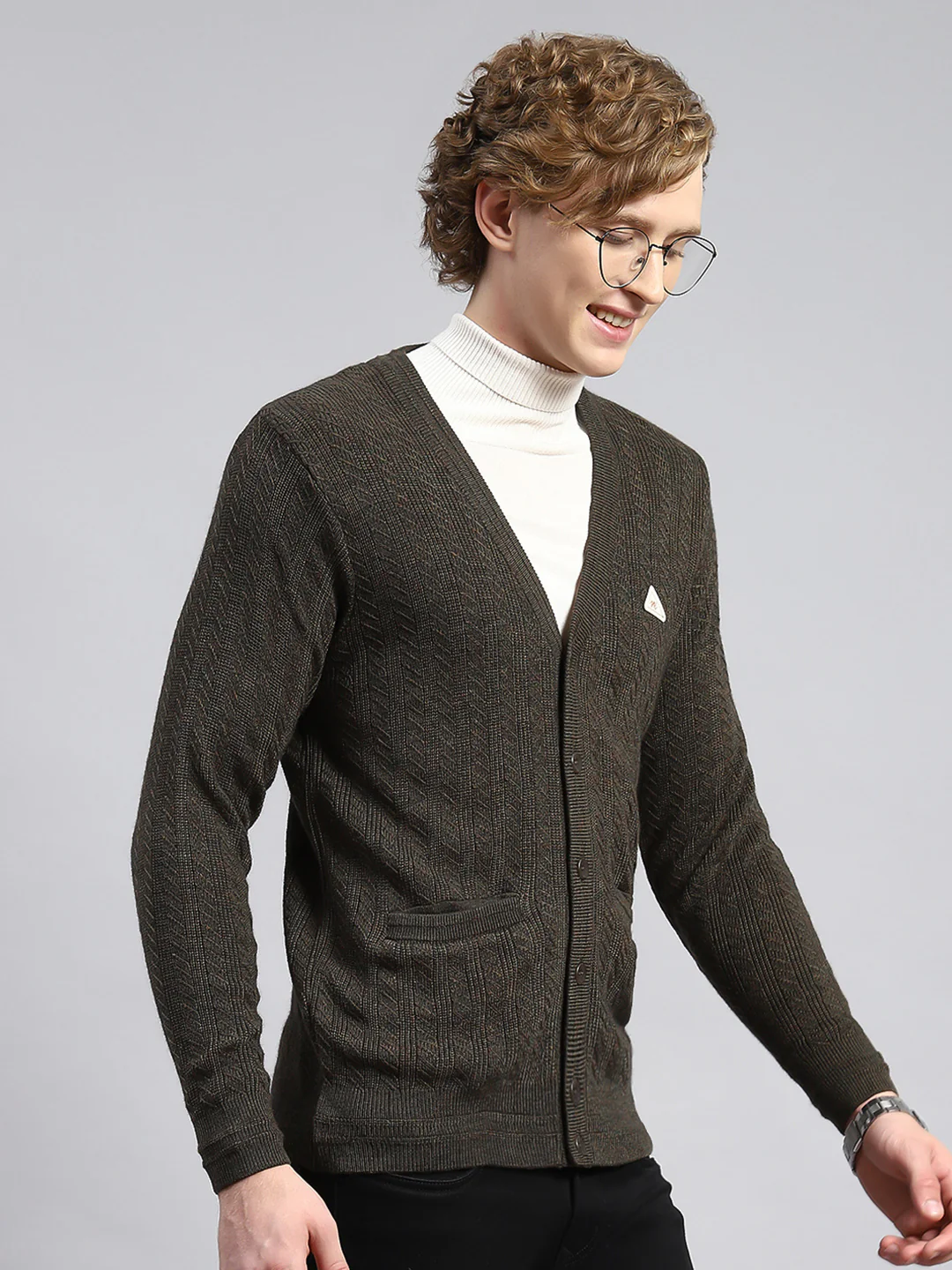 Men Green Self Cardigan - Image 3