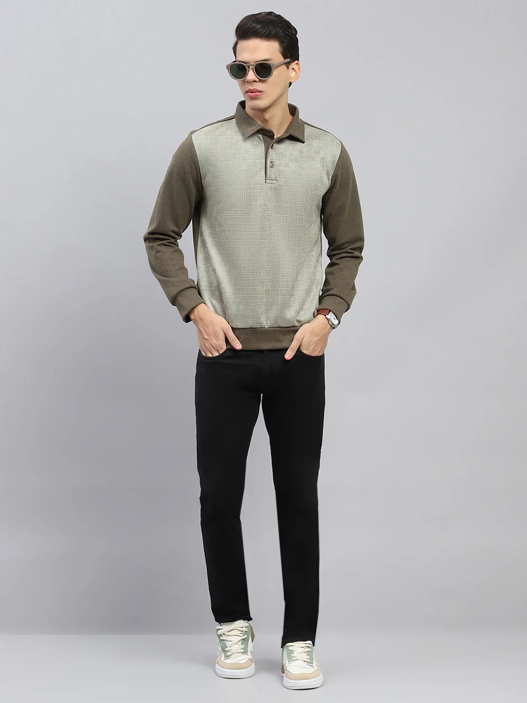 Men Green Self Design Collar Full Sleeve Sweatshirt - Image 2
