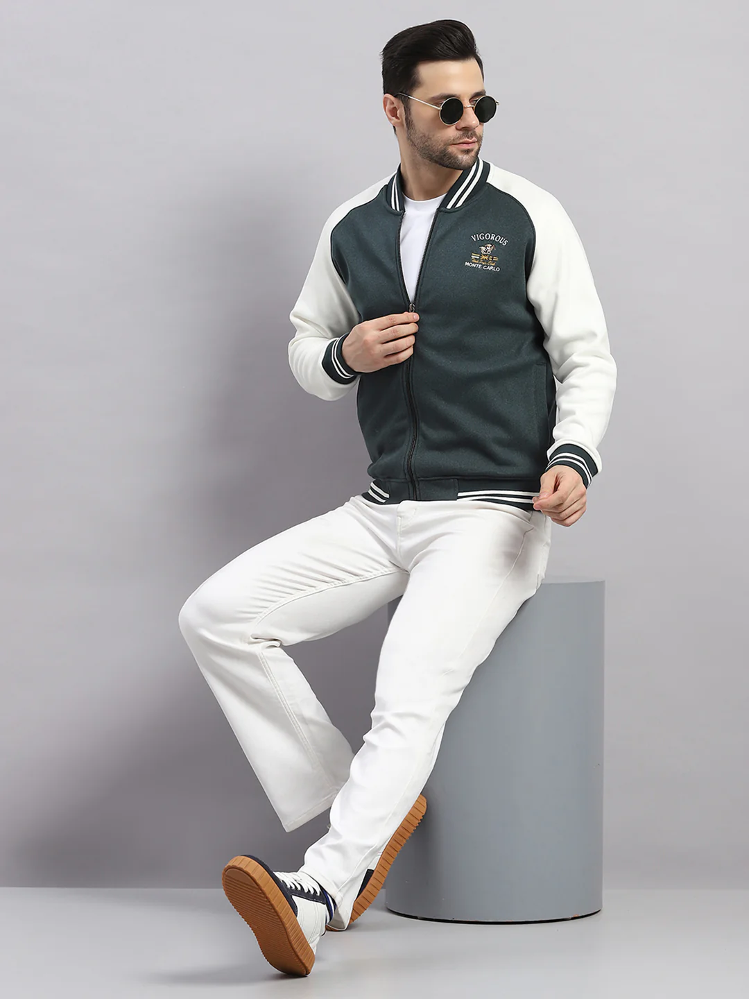 Men Green Self Design Collar Full Sleeve Sweatshirt Varsity Collection - Image 2
