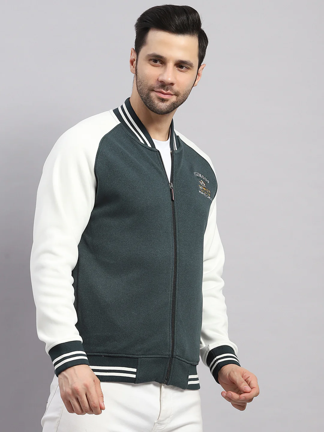 Men Green Self Design Collar Full Sleeve Sweatshirt Varsity Collection - Image 4