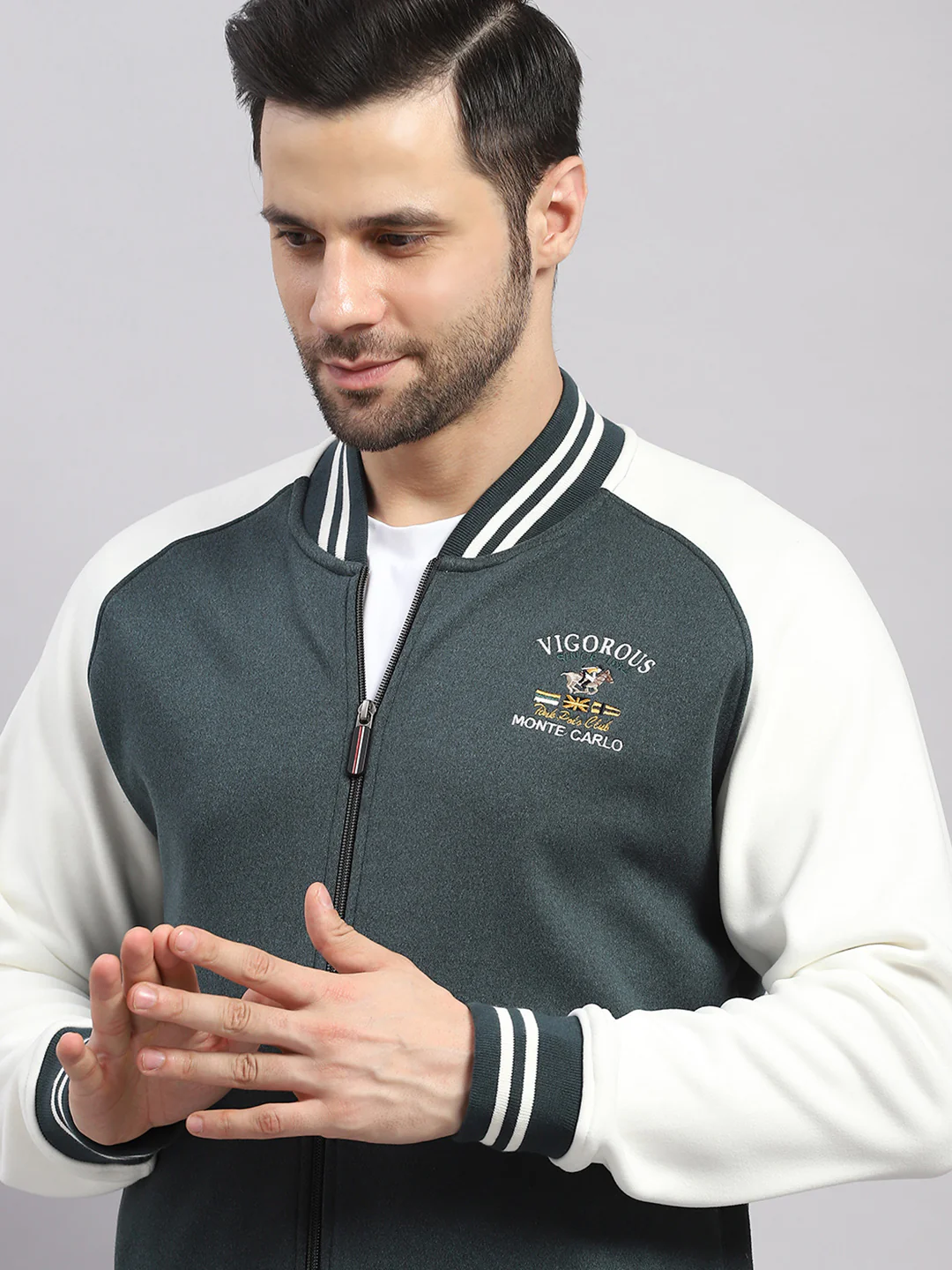 Men Green Self Design Collar Full Sleeve Sweatshirt Varsity Collection - Image 6