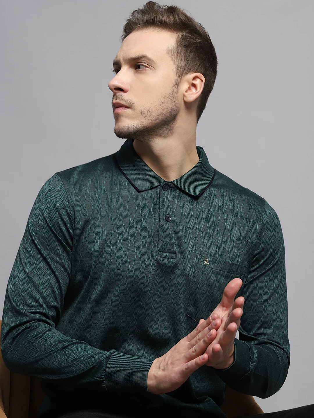 Luxuria Men Green Self Design Collar Full Sleeve Winter T-Shirt - Image 6