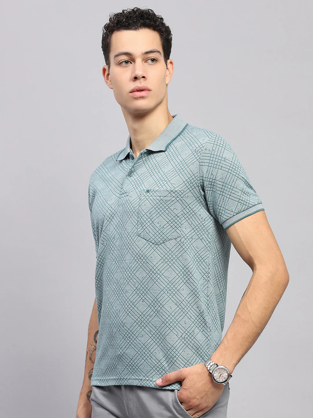 Men Green Self Design Collar Half Sleeve T-Shirt - Image 3