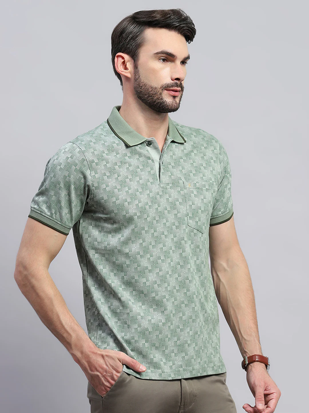 Men Green Self Design Collar Half Sleeve T-Shirt - Image 4