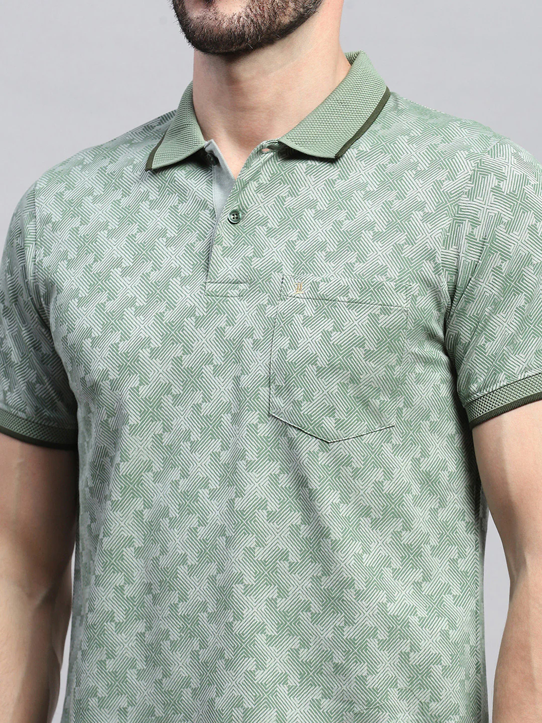 Men Green Self Design Collar Half Sleeve T-Shirt - Image 6
