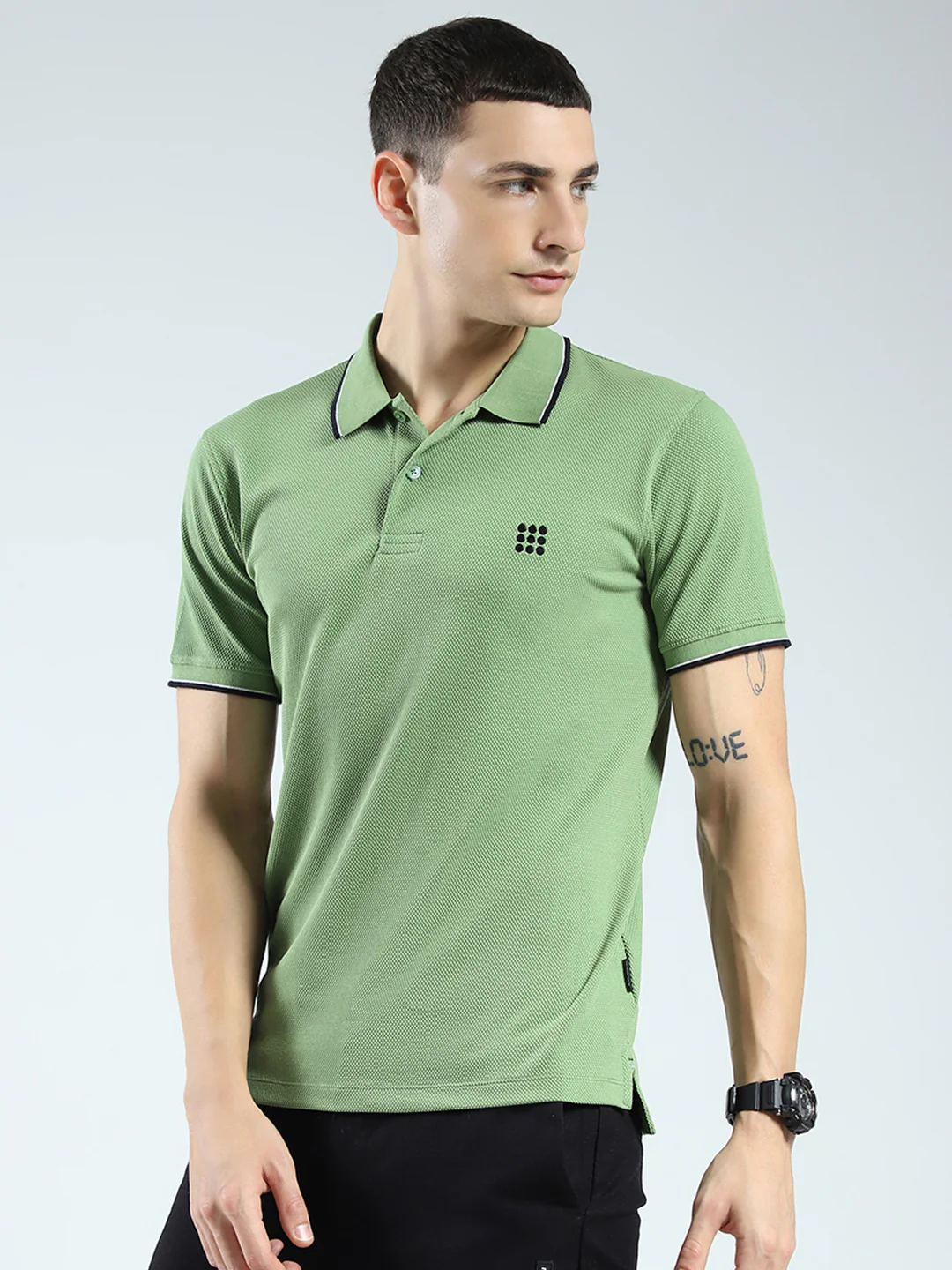 Rock.it Men Green Self Design Collar Half Sleeve T-Shirt - Image 3