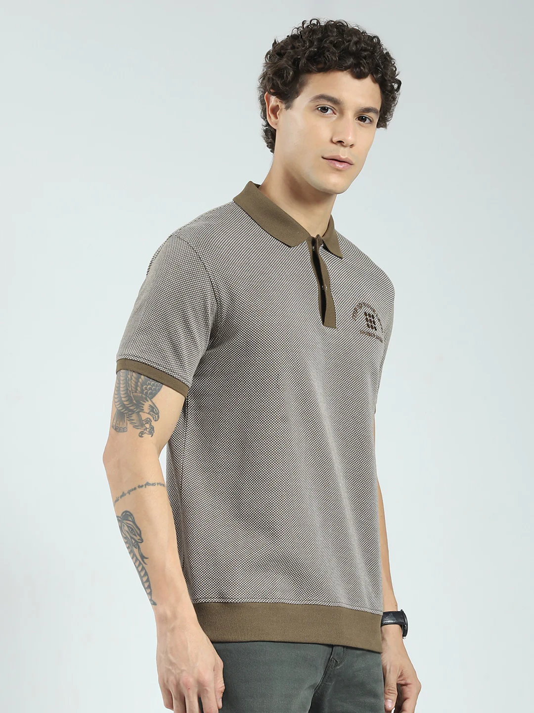 Rock.it Men Green Self Design Collar Half Sleeve T-Shirt - Image 4