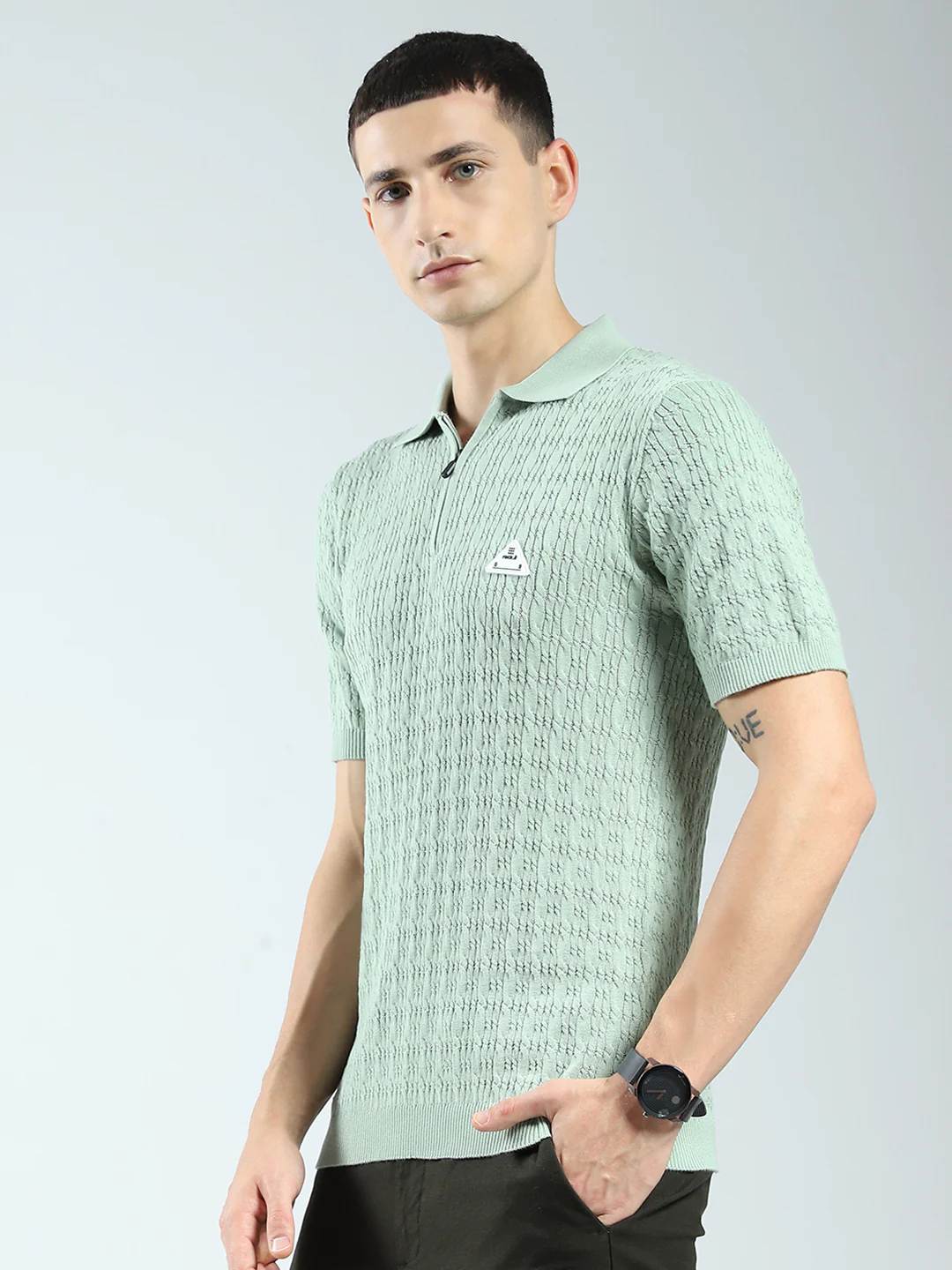 Rock.it Men Green Self Design Collar Half Sleeve T-Shirt - Image 3
