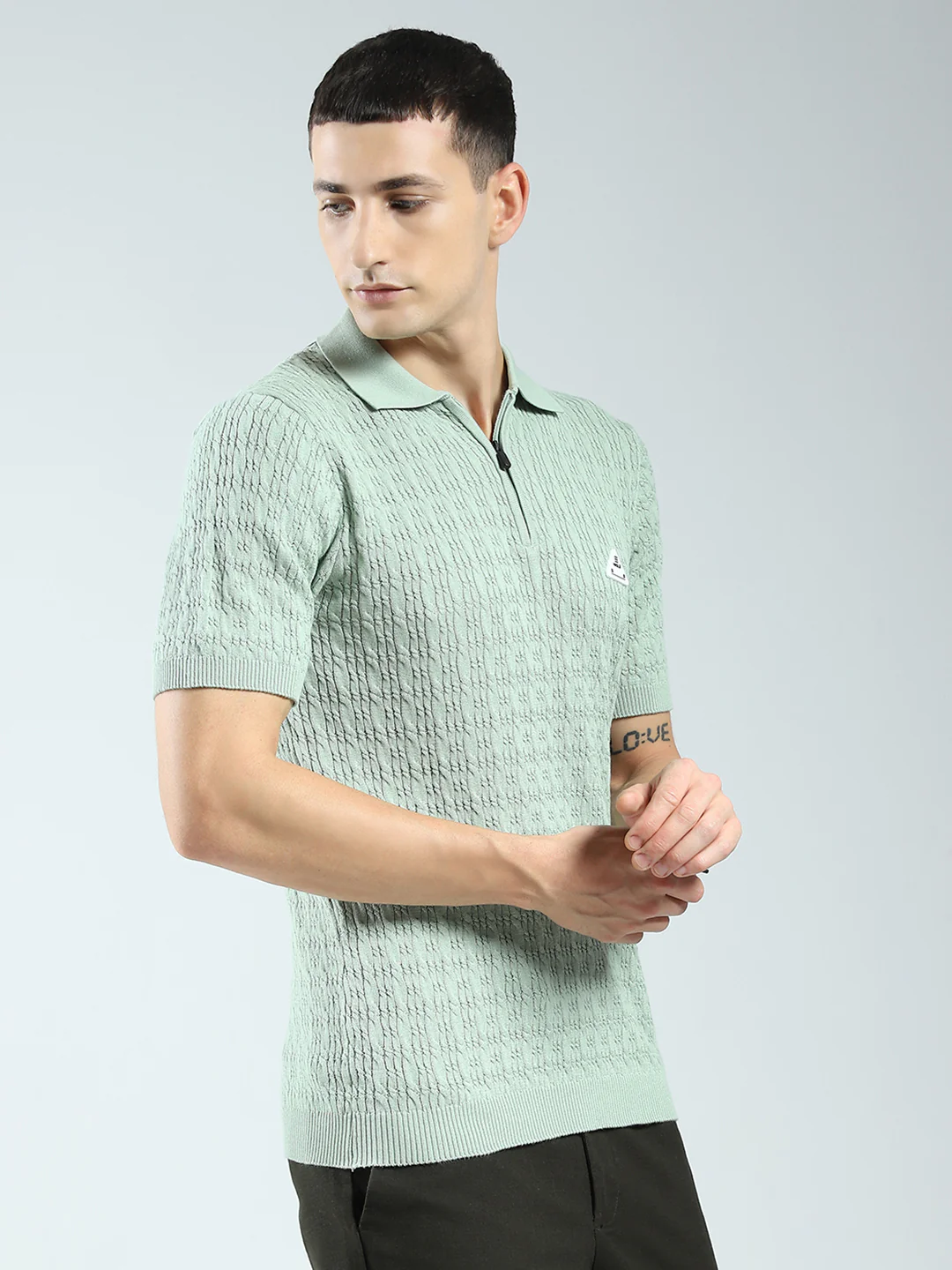 Rock.it Men Green Self Design Collar Half Sleeve T-Shirt - Image 4