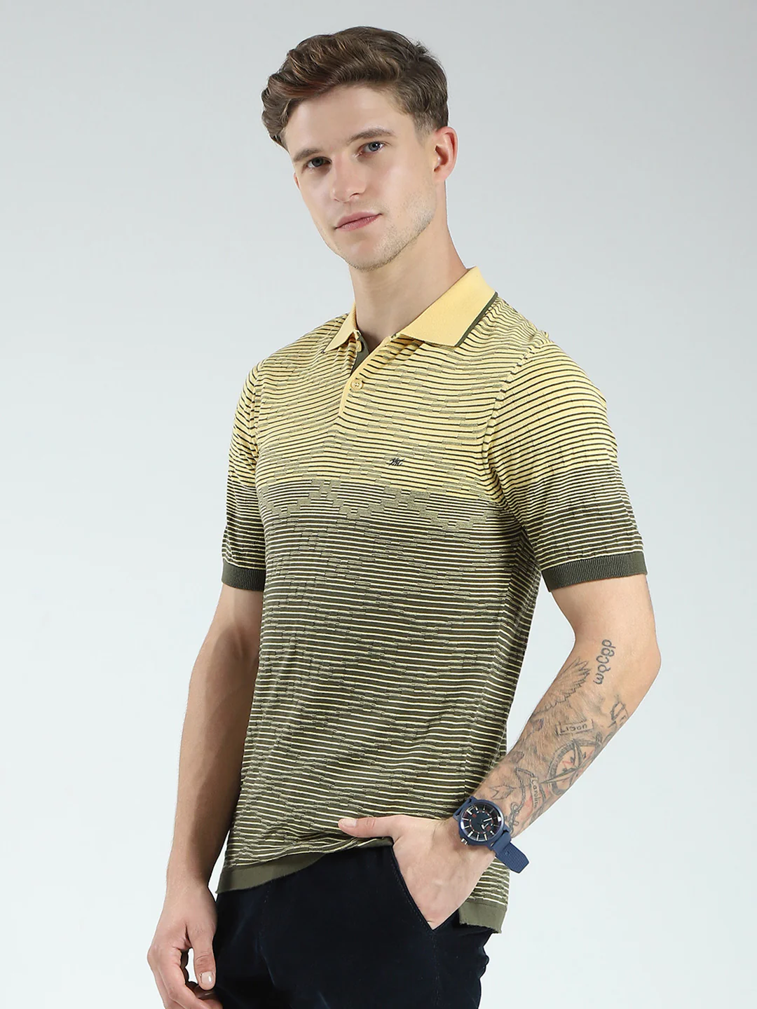 Men Green Self Design Collar Half Sleeve T-Shirt - Image 3