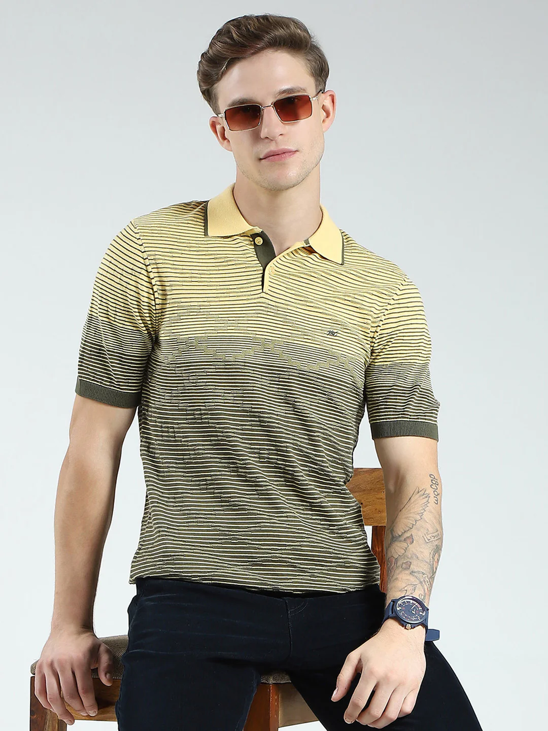 Men Green Self Design Collar Half Sleeve T-Shirt - Image 6