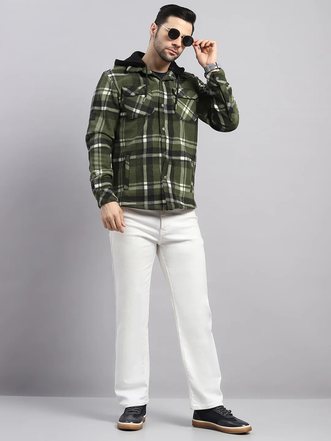Men Green Self Design Hooded Extra-Warm Full Sleeve Shacket - Image 2