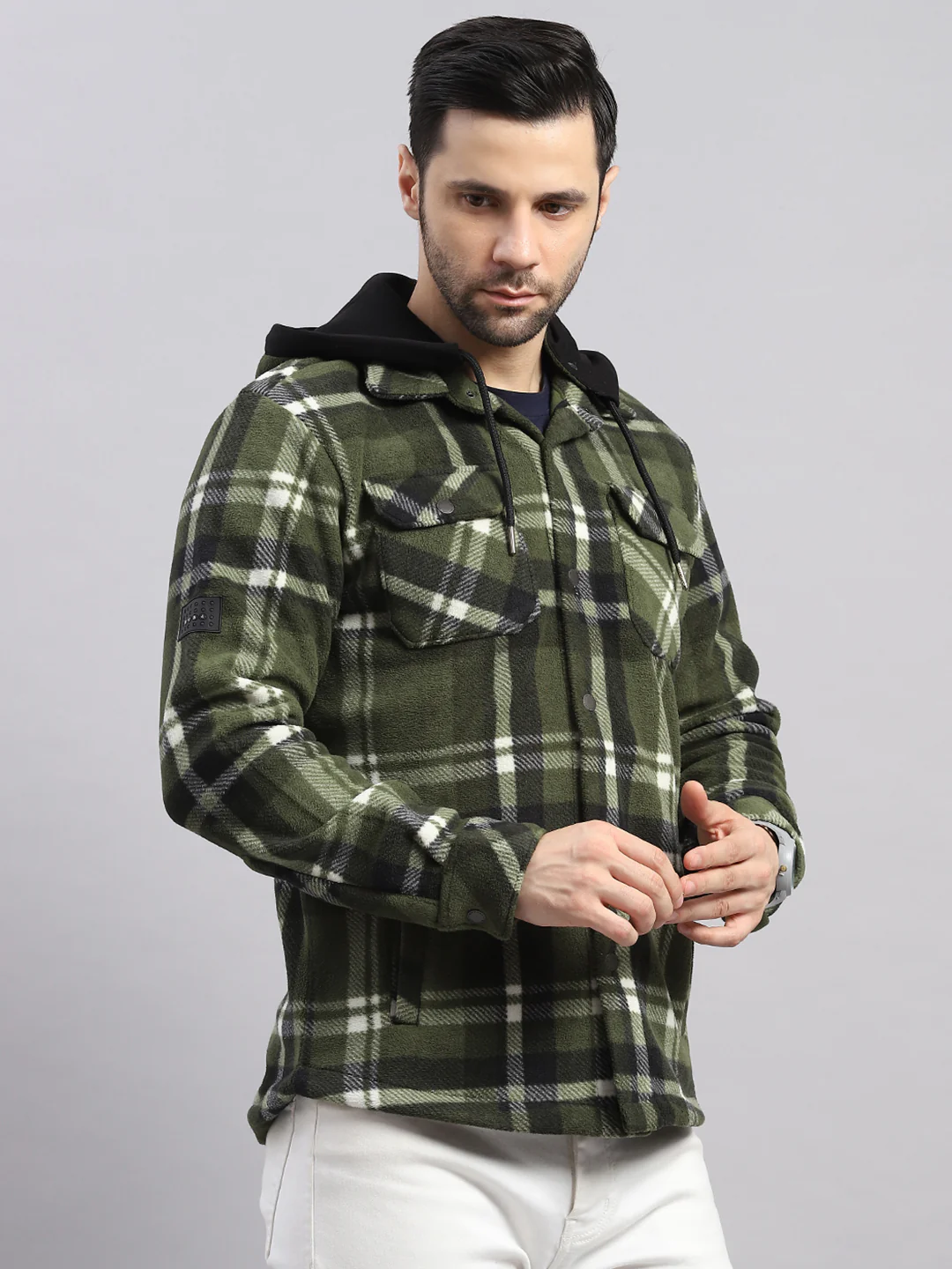 Men Green Self Design Hooded Extra-Warm Full Sleeve Shacket - Image 4