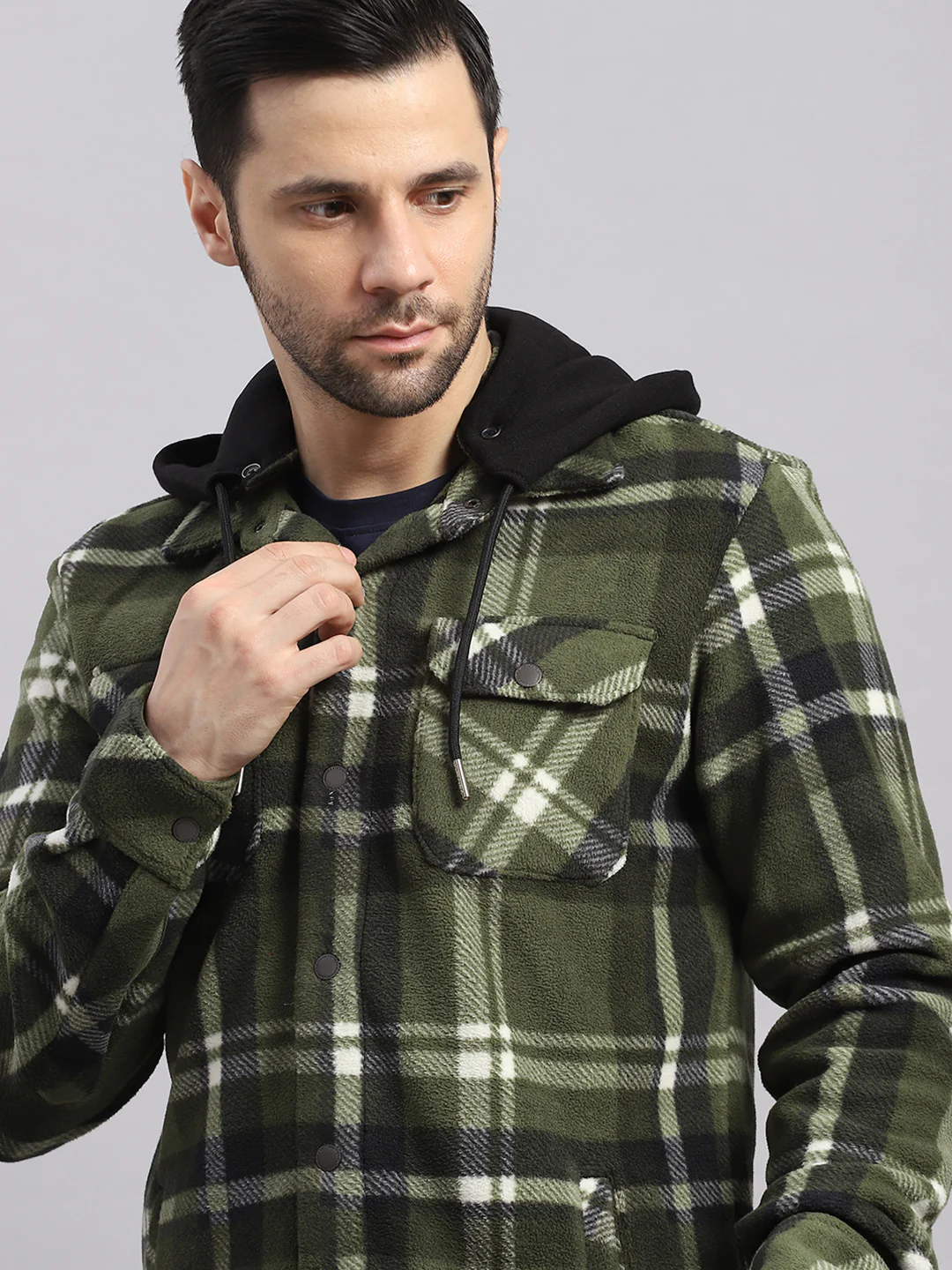 Men Green Self Design Hooded Extra-Warm Full Sleeve Shacket - Image 8