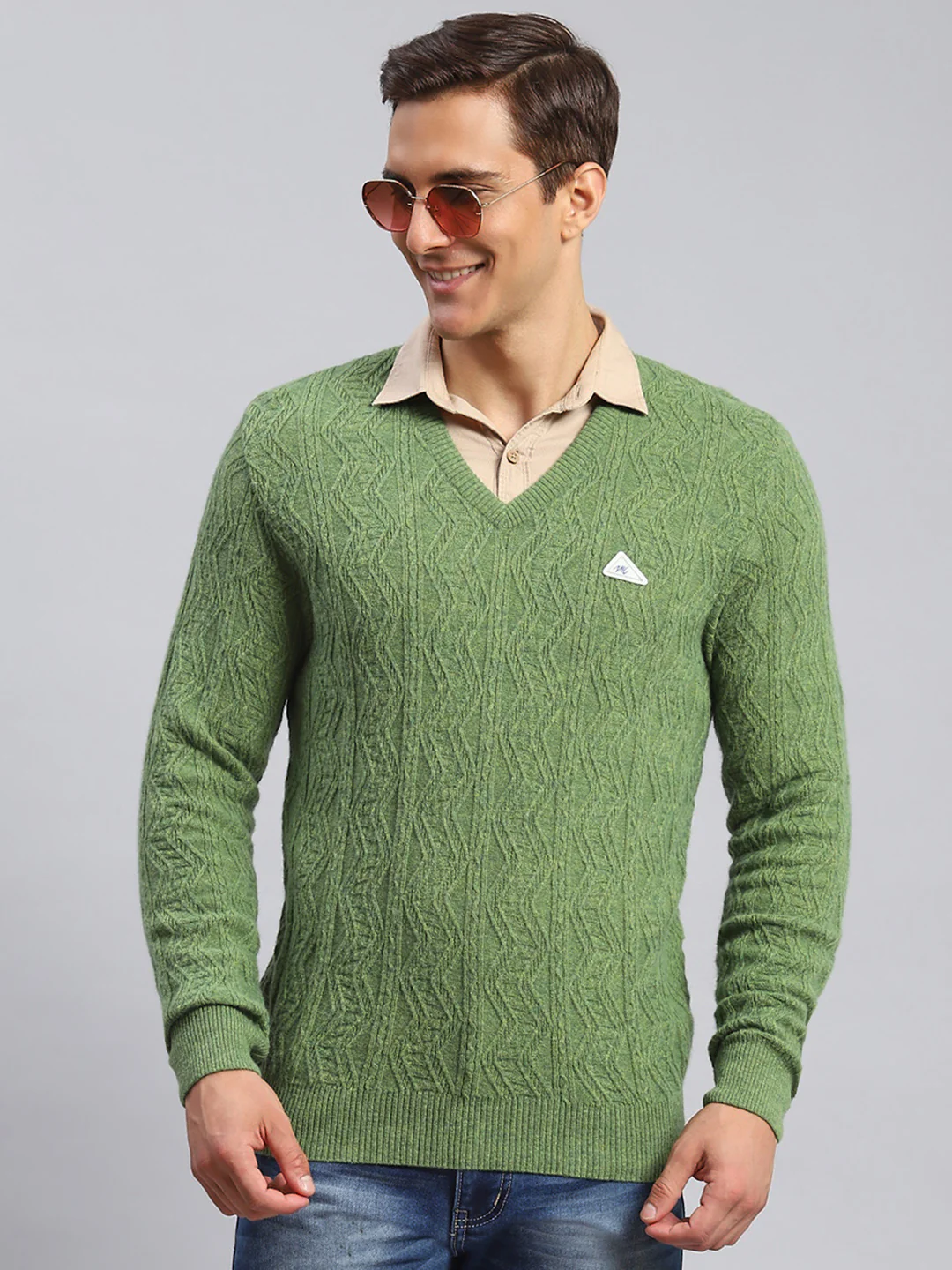 Men Green Self Design Lamb wool Pullover - Image 2