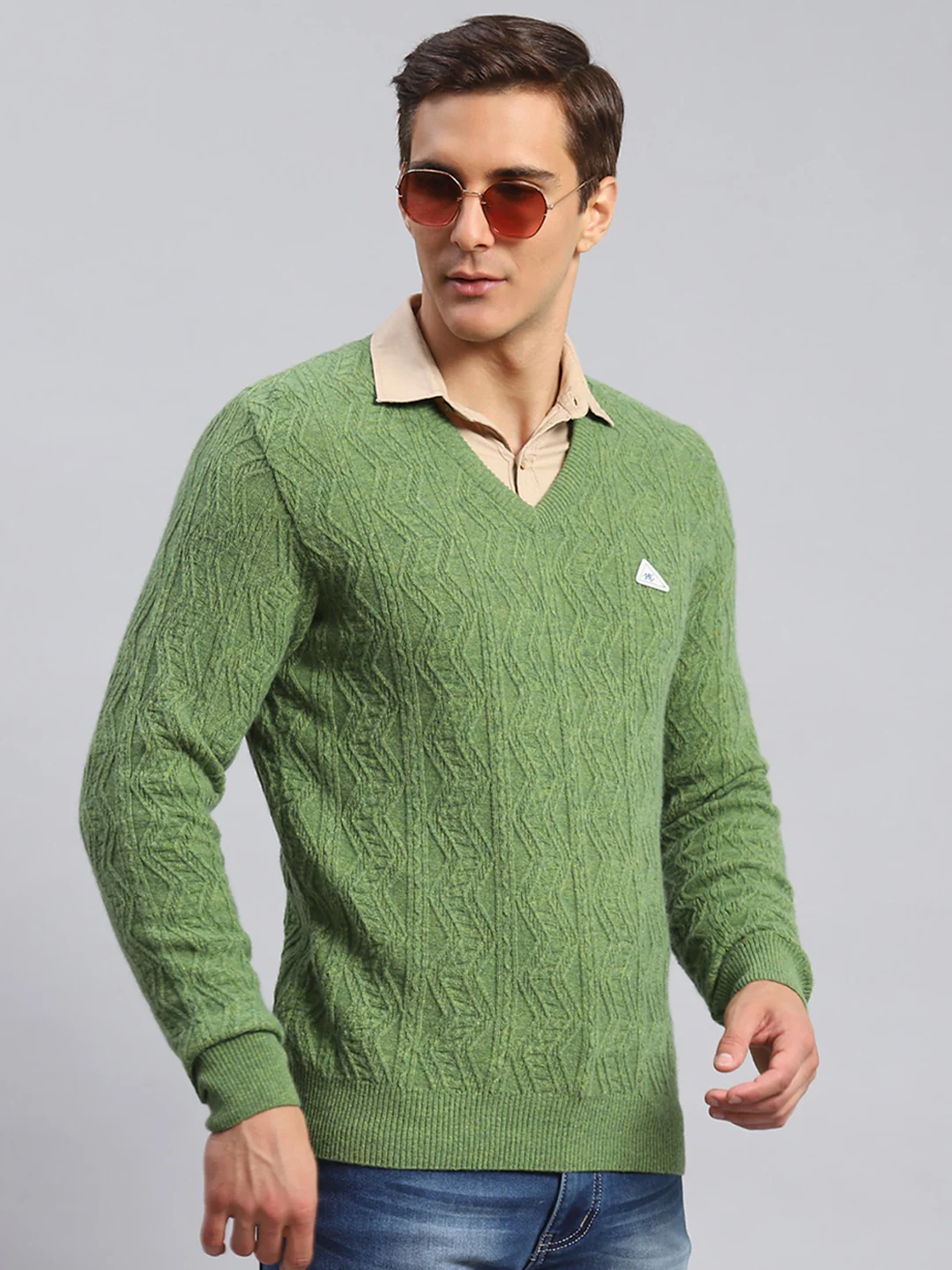 Men Green Self Design Lamb wool Pullover - Image 3