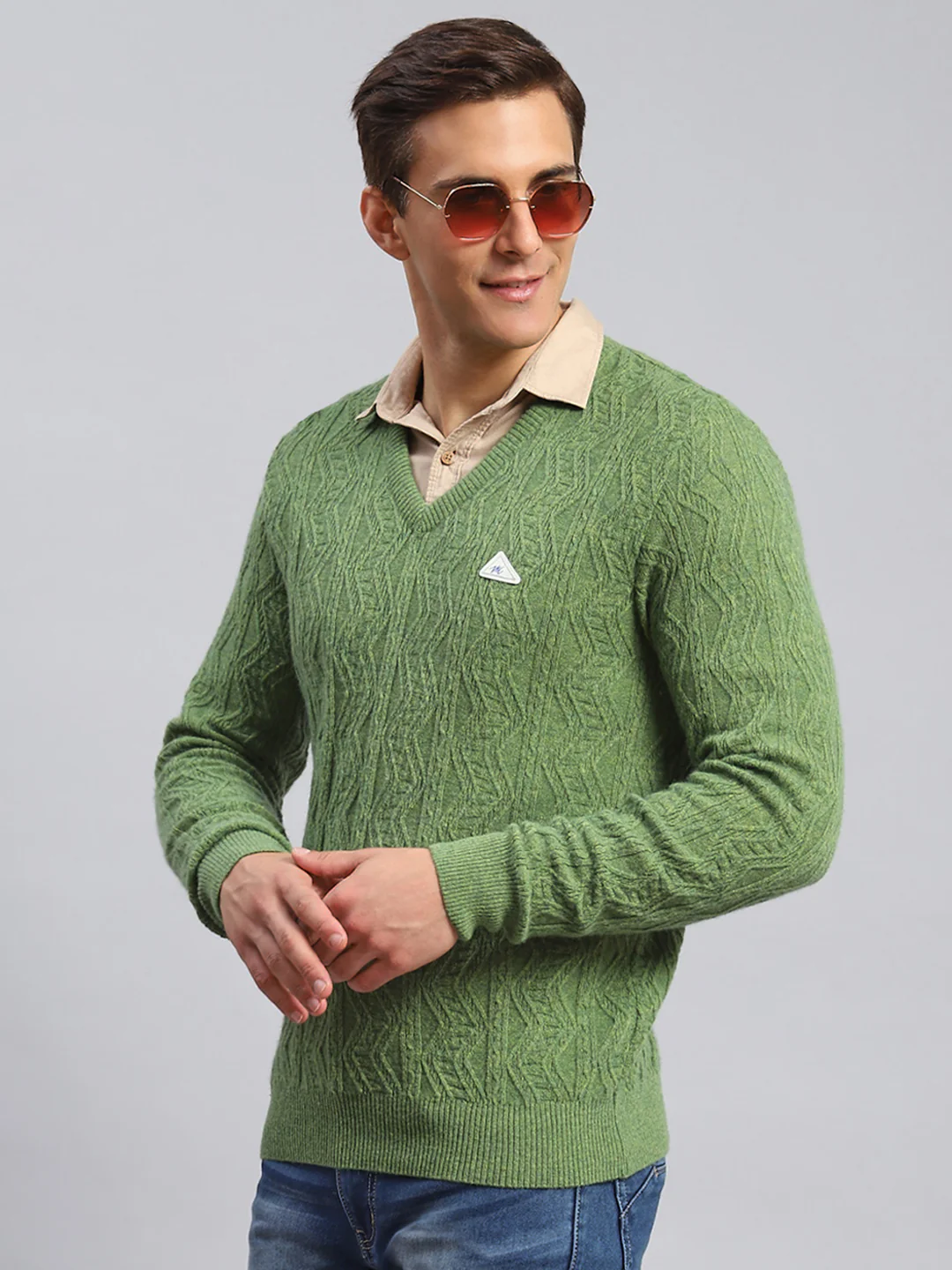 Men Green Self Design Lamb wool Pullover - Image 4