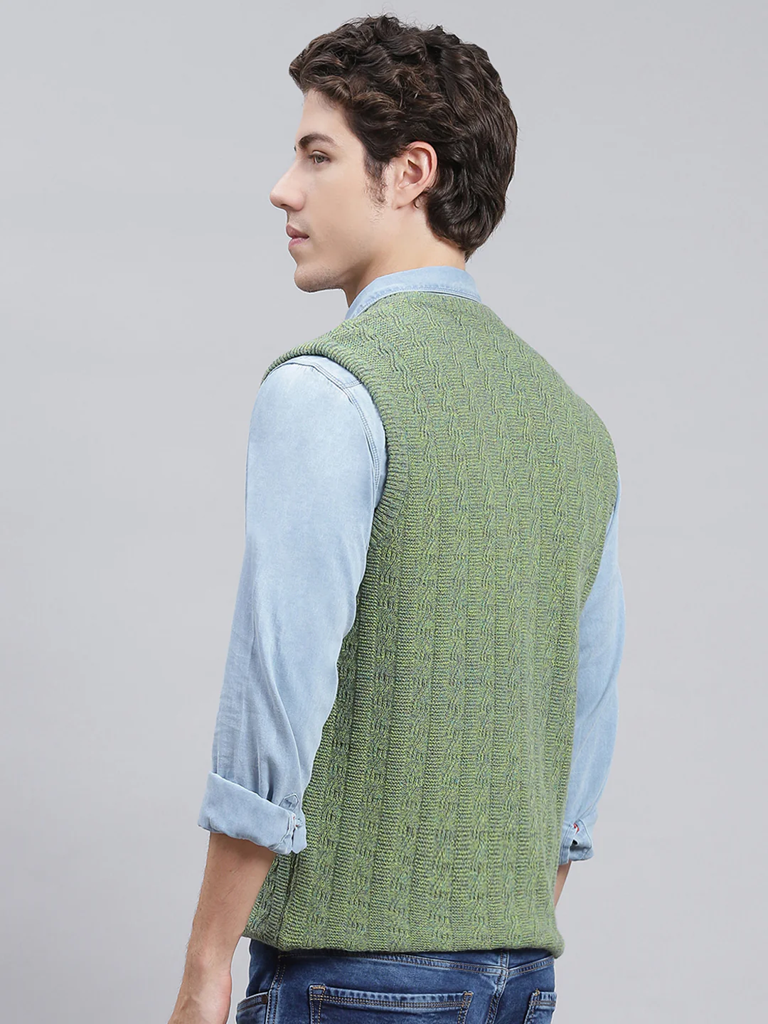 Men Green Self Design Lamb wool Sweater - Image 5