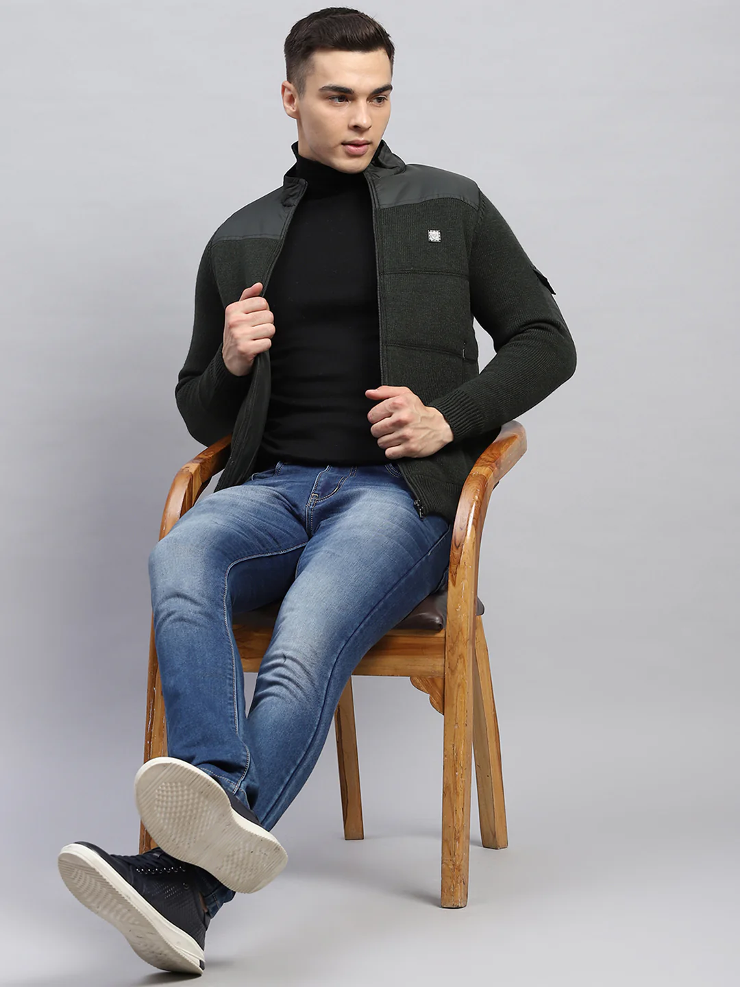 Men Green Self Design Mock Neck Full Sleeve Jacket - Image 2