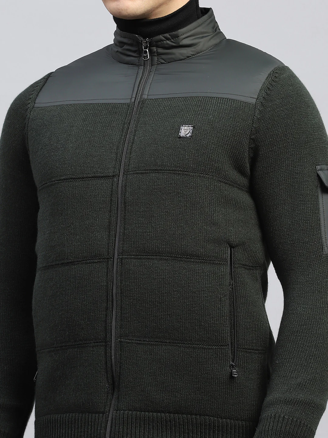 Men Green Self Design Mock Neck Full Sleeve Jacket - Image 7