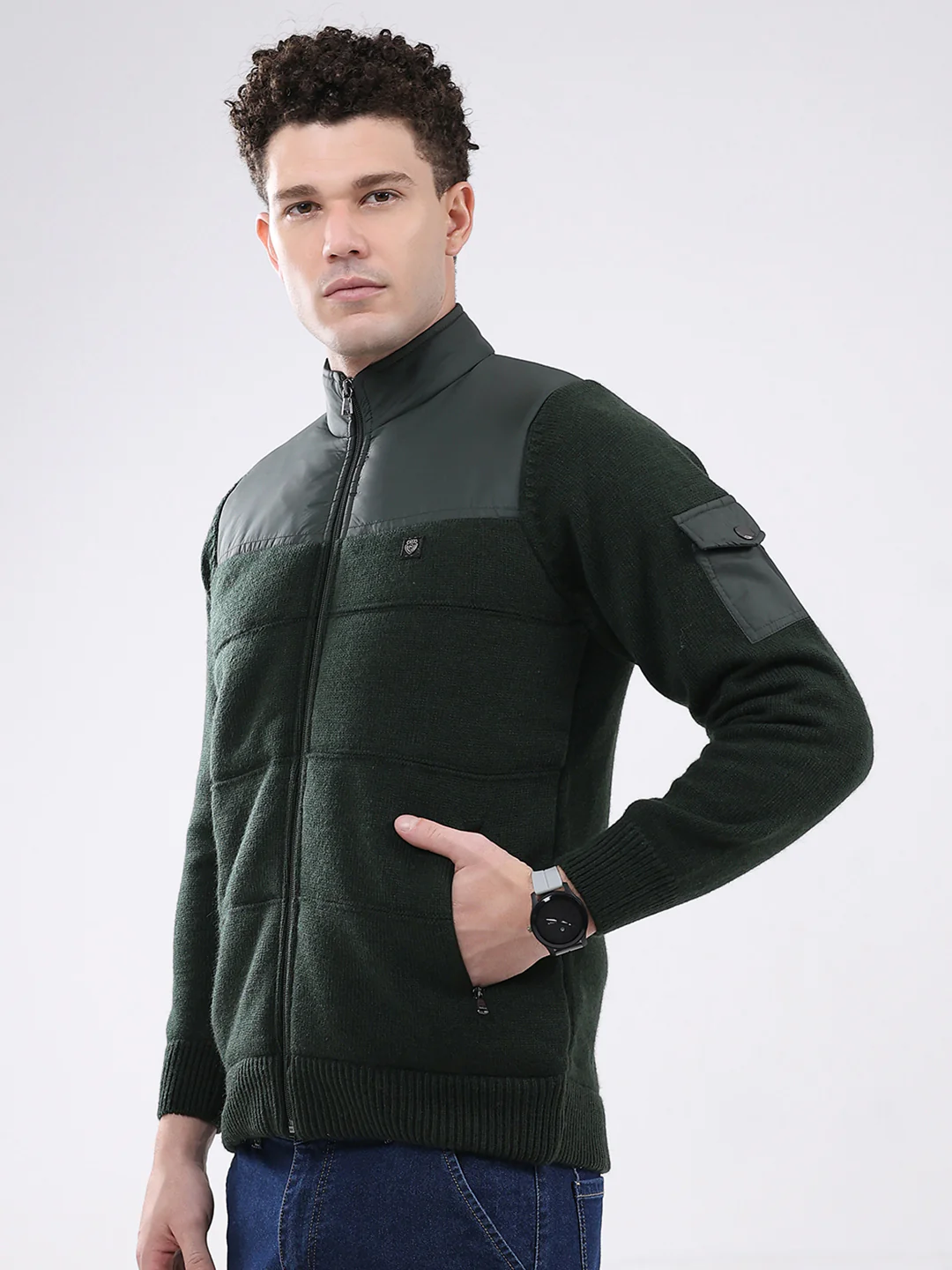 Men Green Self Design Mock Neck Full Sleeve Jacket - Image 3