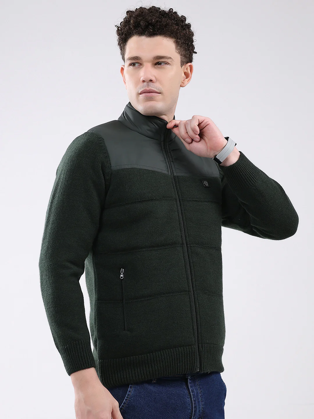 Men Green Self Design Mock Neck Full Sleeve Jacket - Image 4
