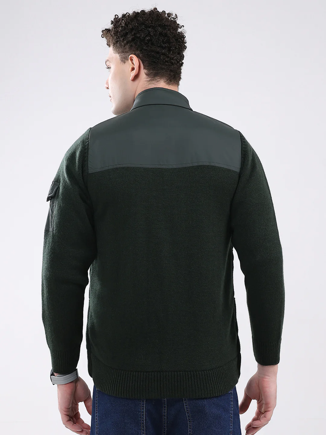 Men Green Self Design Mock Neck Full Sleeve Jacket - Image 5