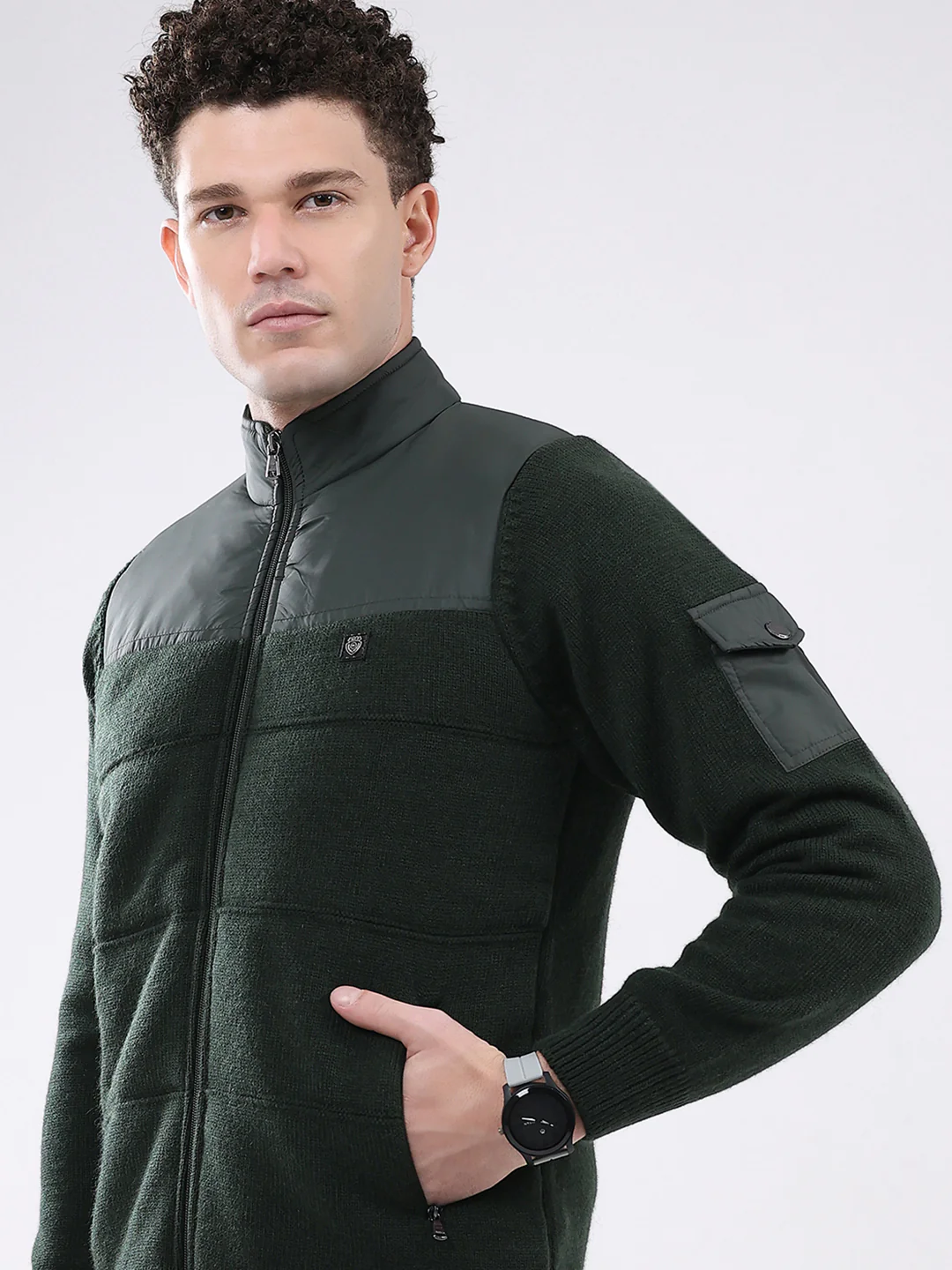 Men Green Self Design Mock Neck Full Sleeve Jacket - Image 6