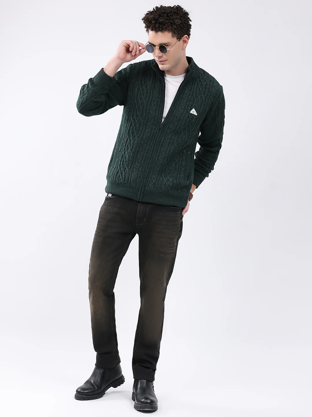 Men Green Self Design Mock Neck Full Sleeve Jacket - Image 2