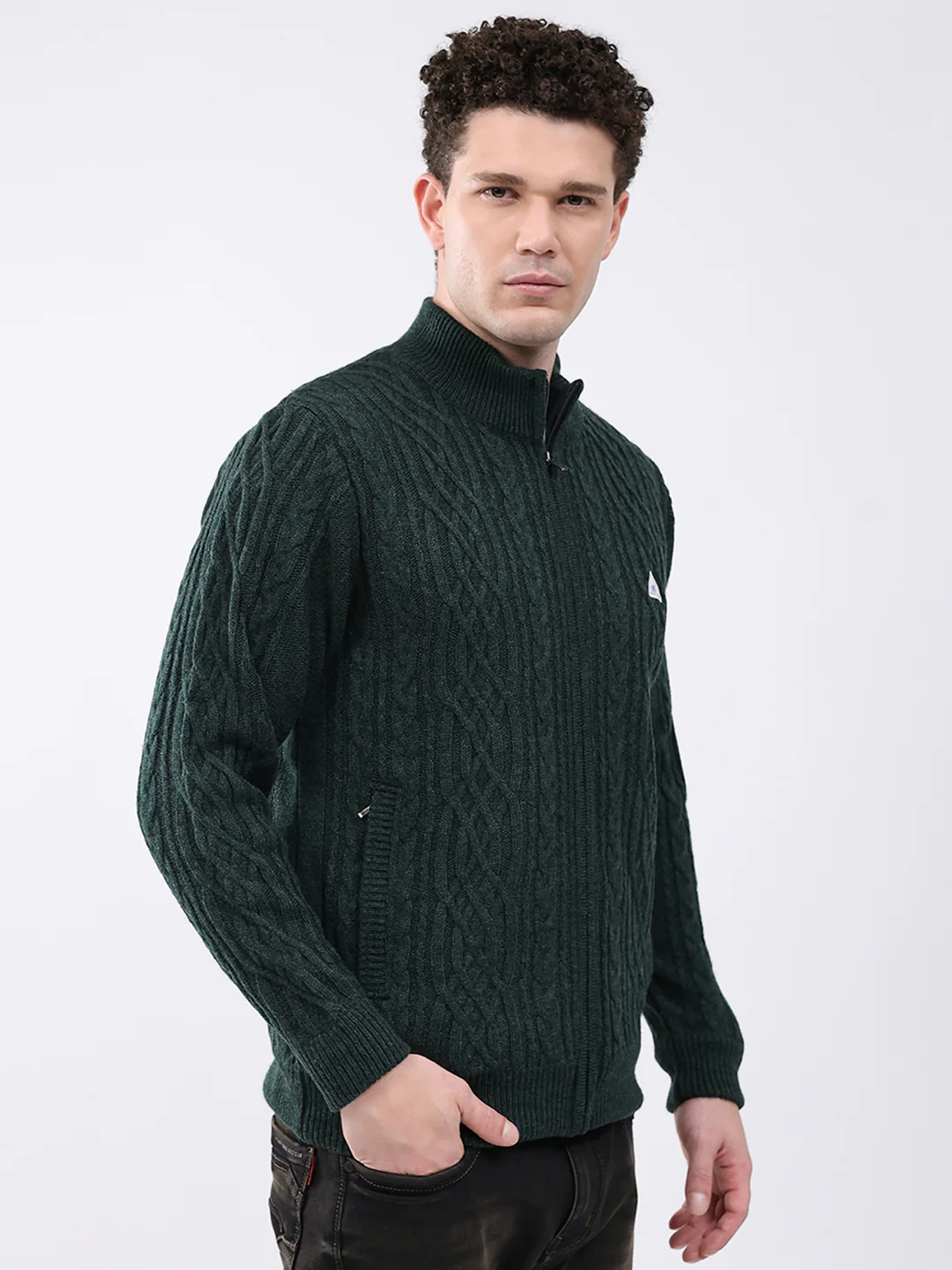Men Green Self Design Mock Neck Full Sleeve Jacket - Image 4
