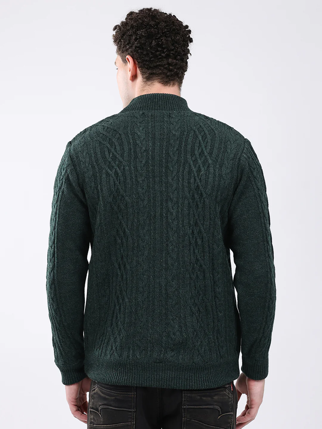 Men Green Self Design Mock Neck Full Sleeve Jacket - Image 5