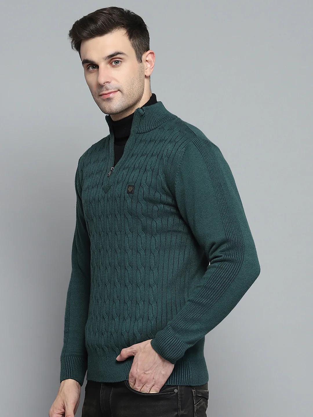 Men Green Self Design Mock Neck Full Sleeve Pullover - Image 3
