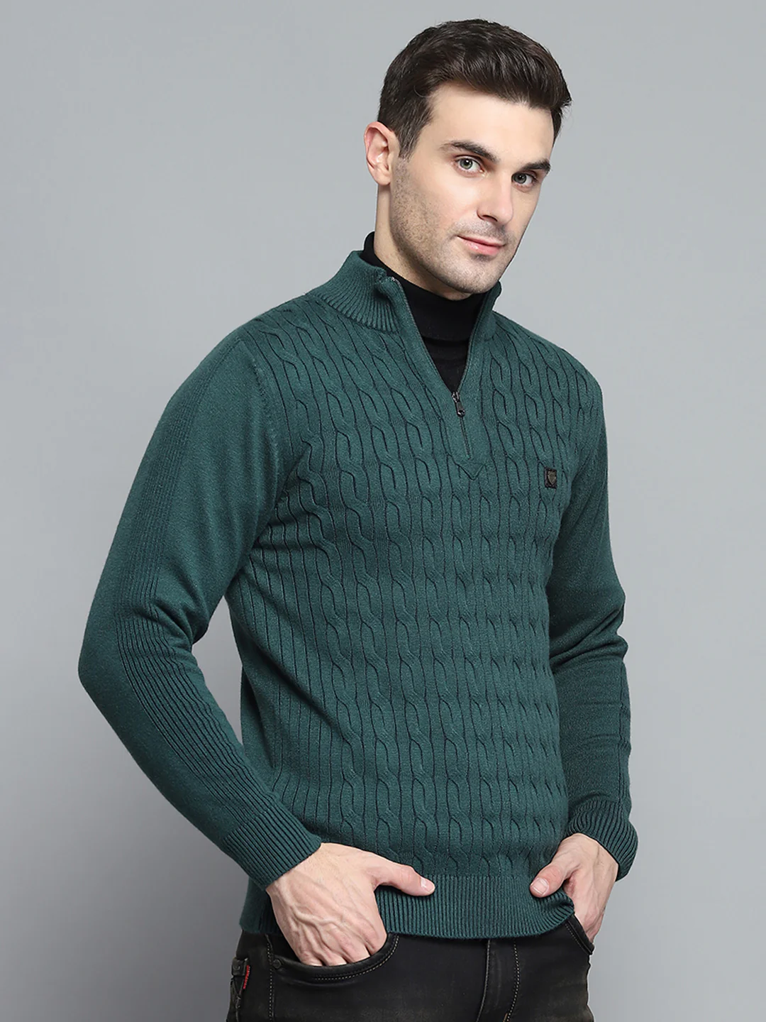 Men Green Self Design Mock Neck Full Sleeve Pullover - Image 4