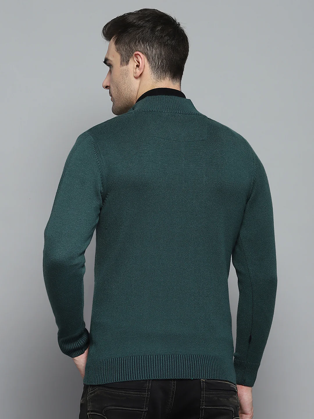 Men Green Self Design Mock Neck Full Sleeve Pullover - Image 5