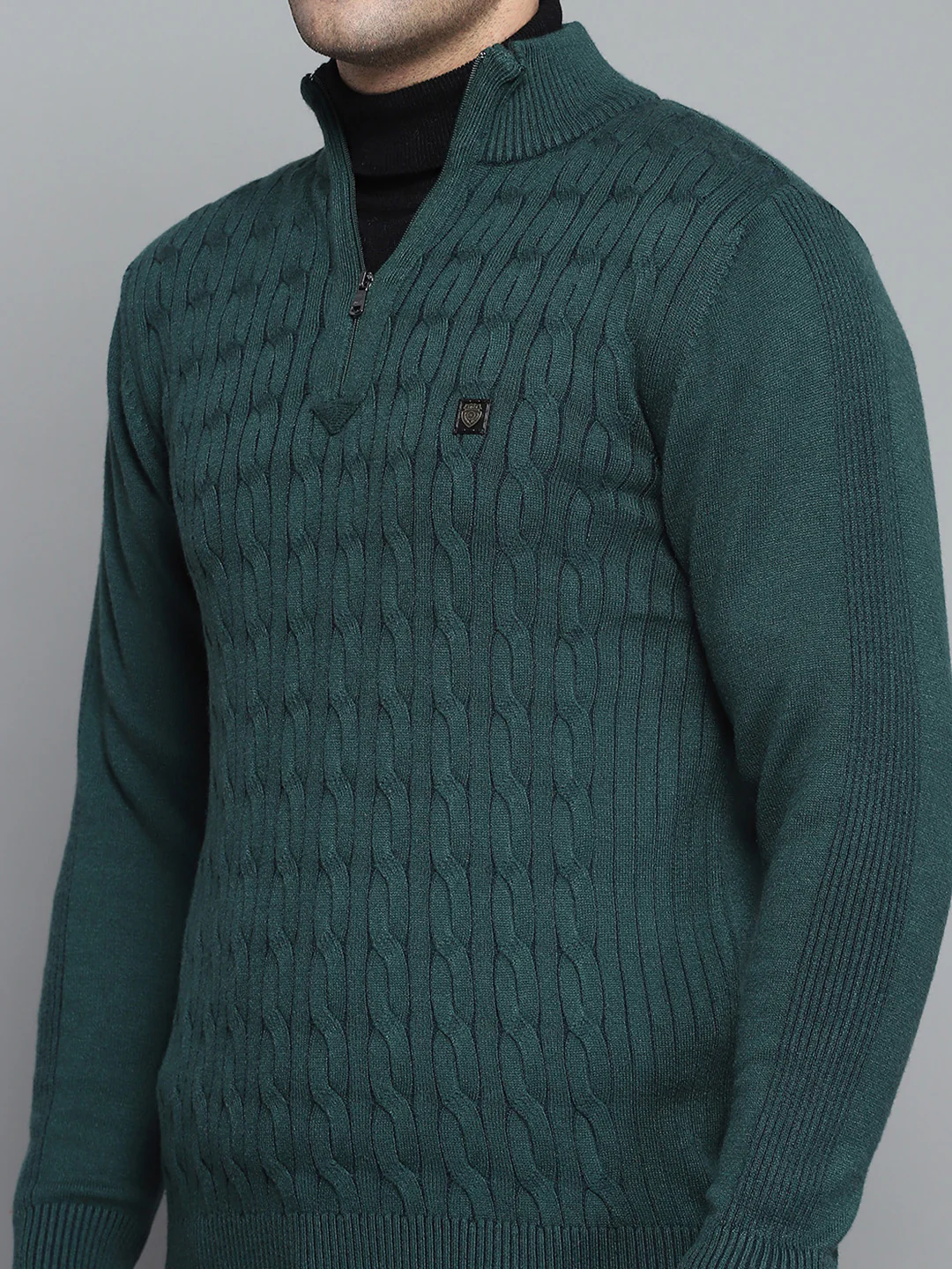 Men Green Self Design Mock Neck Full Sleeve Pullover - Image 6