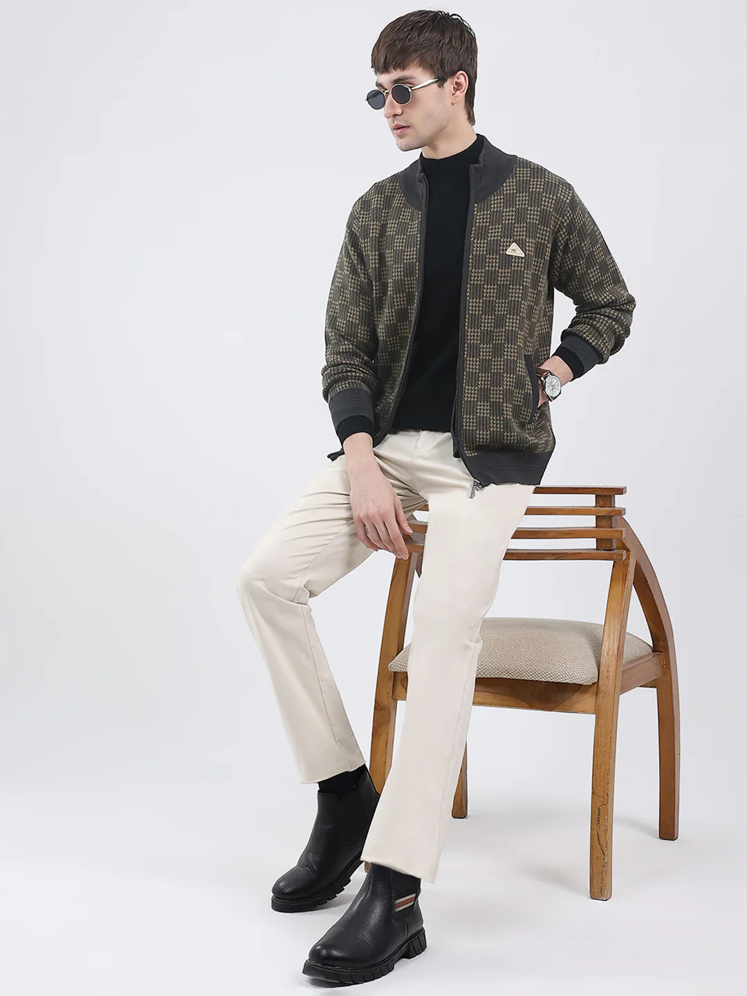 Men Green Self Design Mock Neck Full Sleeve Pullover - Image 2