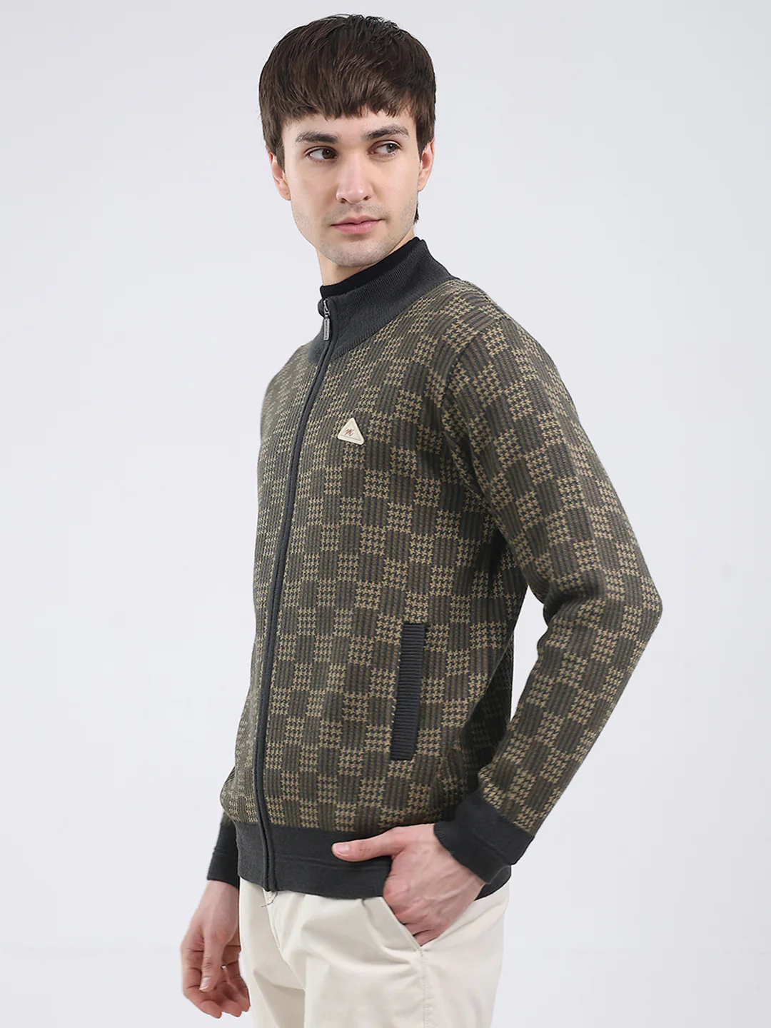 Men Green Self Design Mock Neck Full Sleeve Pullover - Image 3