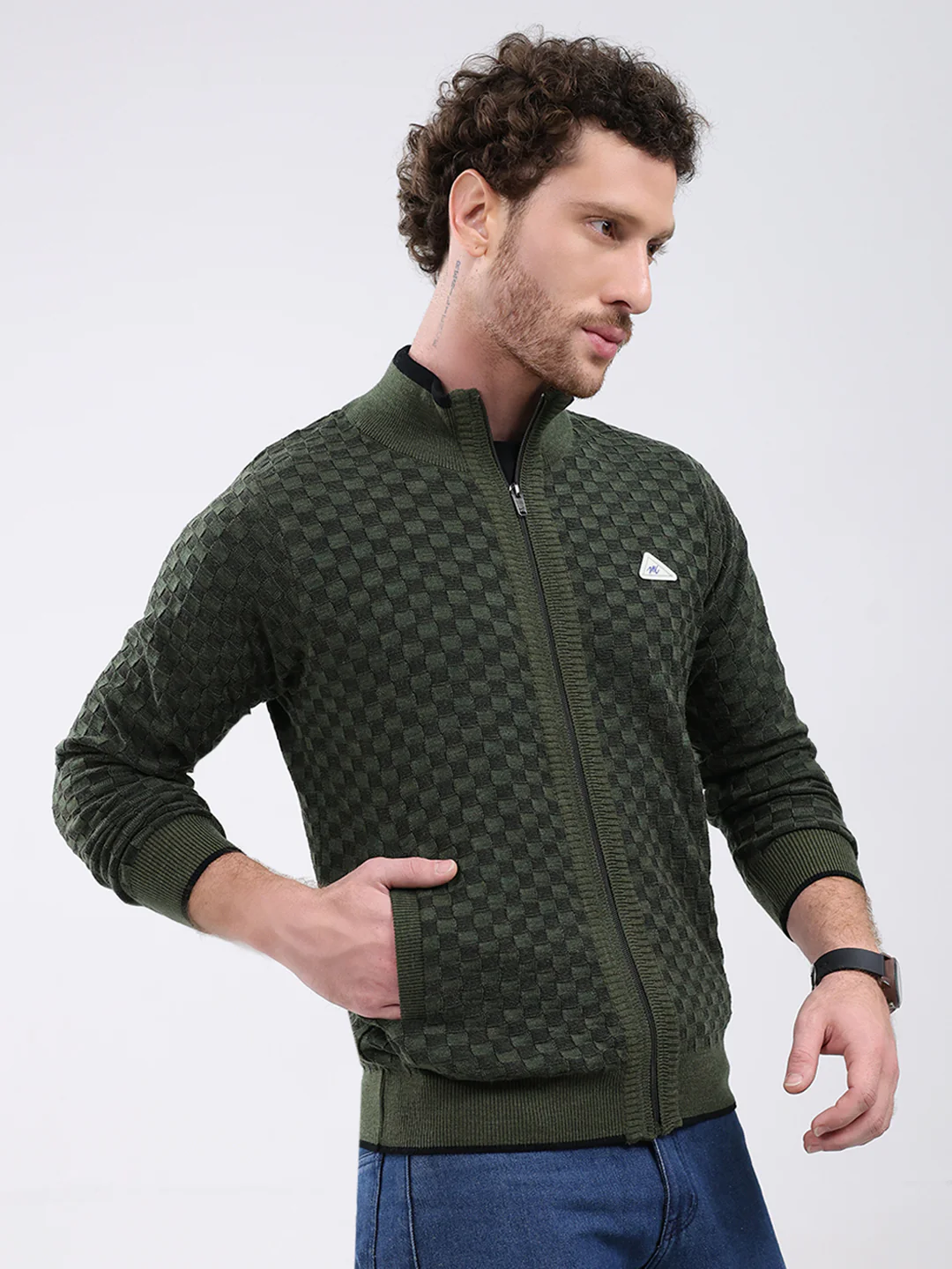 Men Green Self Design Mock Neck Full Sleeve Pullover - Image 4