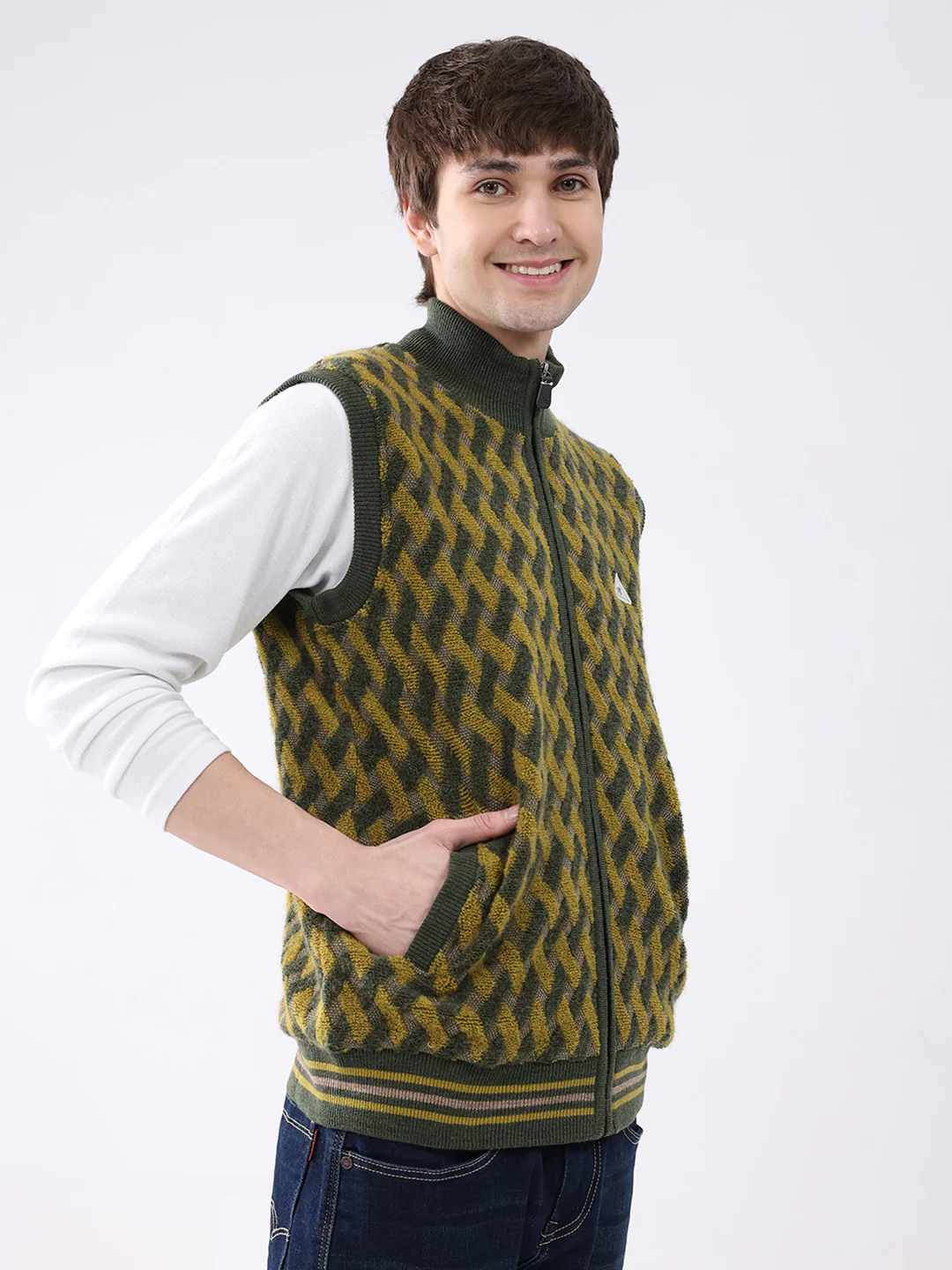 Men Green Self Design Mock Neck Sleeveless Jacket - Image 4