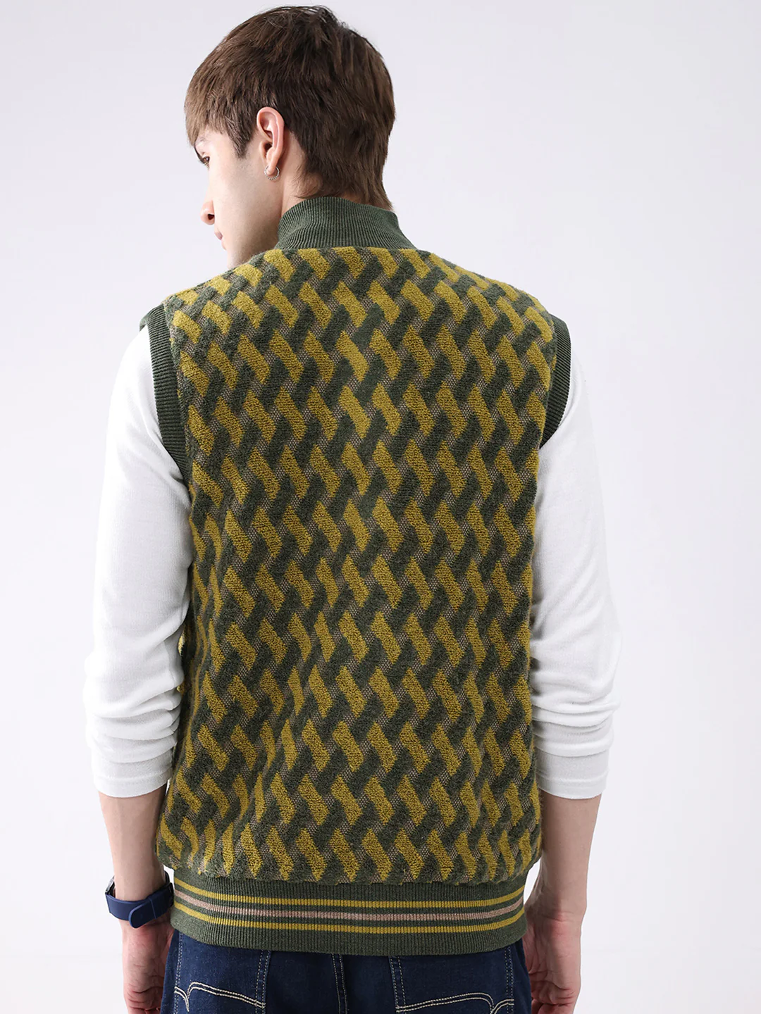 Men Green Self Design Mock Neck Sleeveless Jacket - Image 5